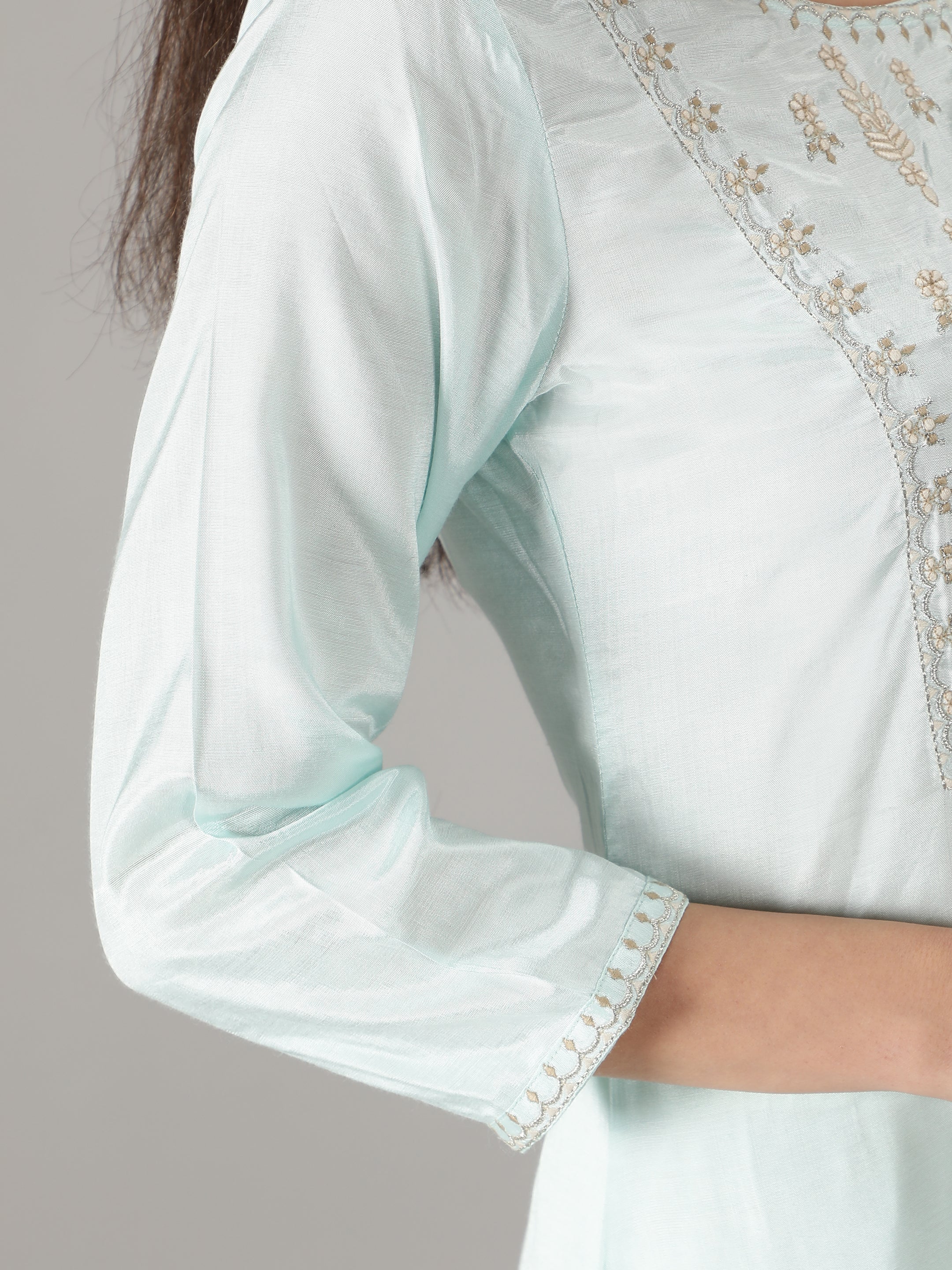 Blue Solid Kurta with Embroidered Yoke