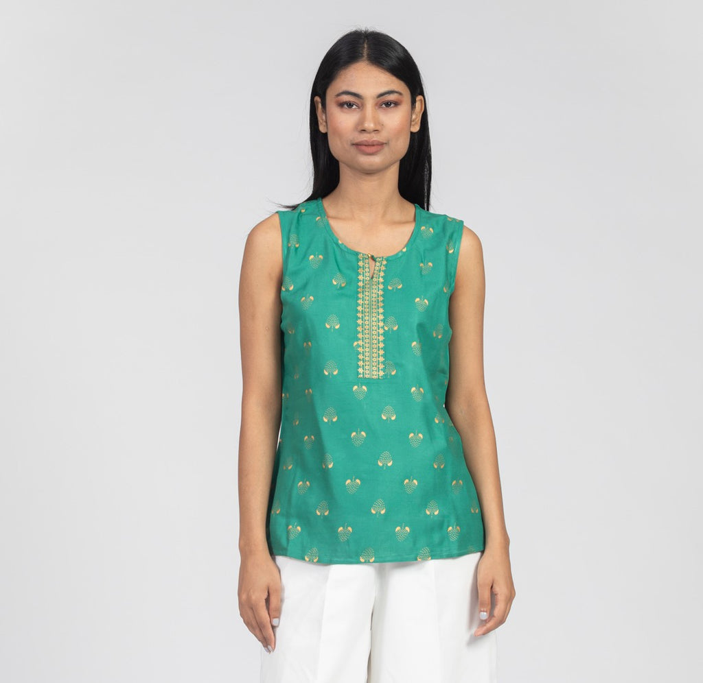 Green Viscose Gold Printed Women Top