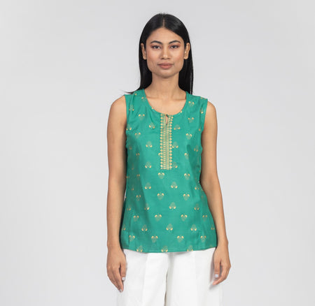 Green Viscose Gold Printed Women Top