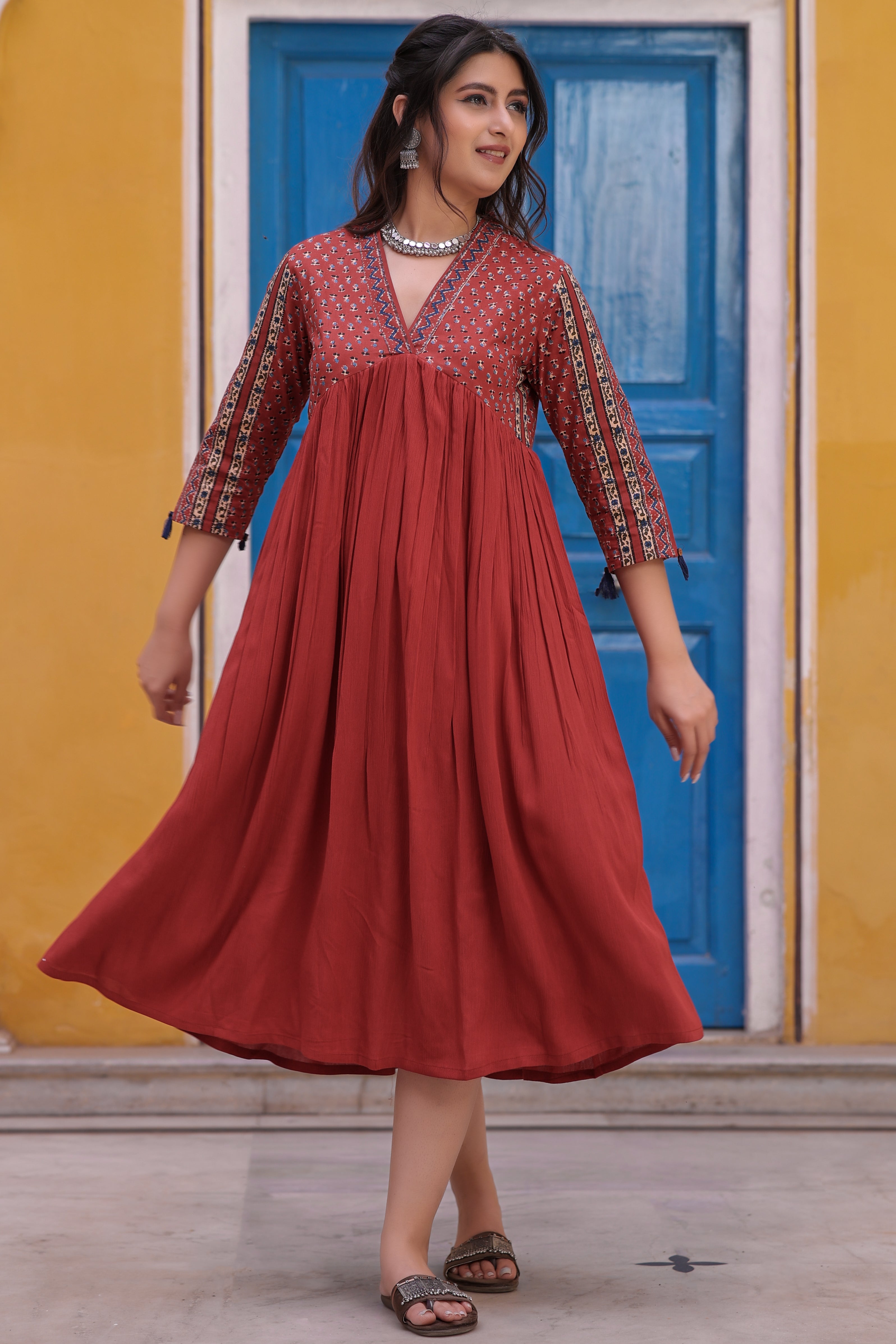 maroon-cotton-printed-flared-long-dress