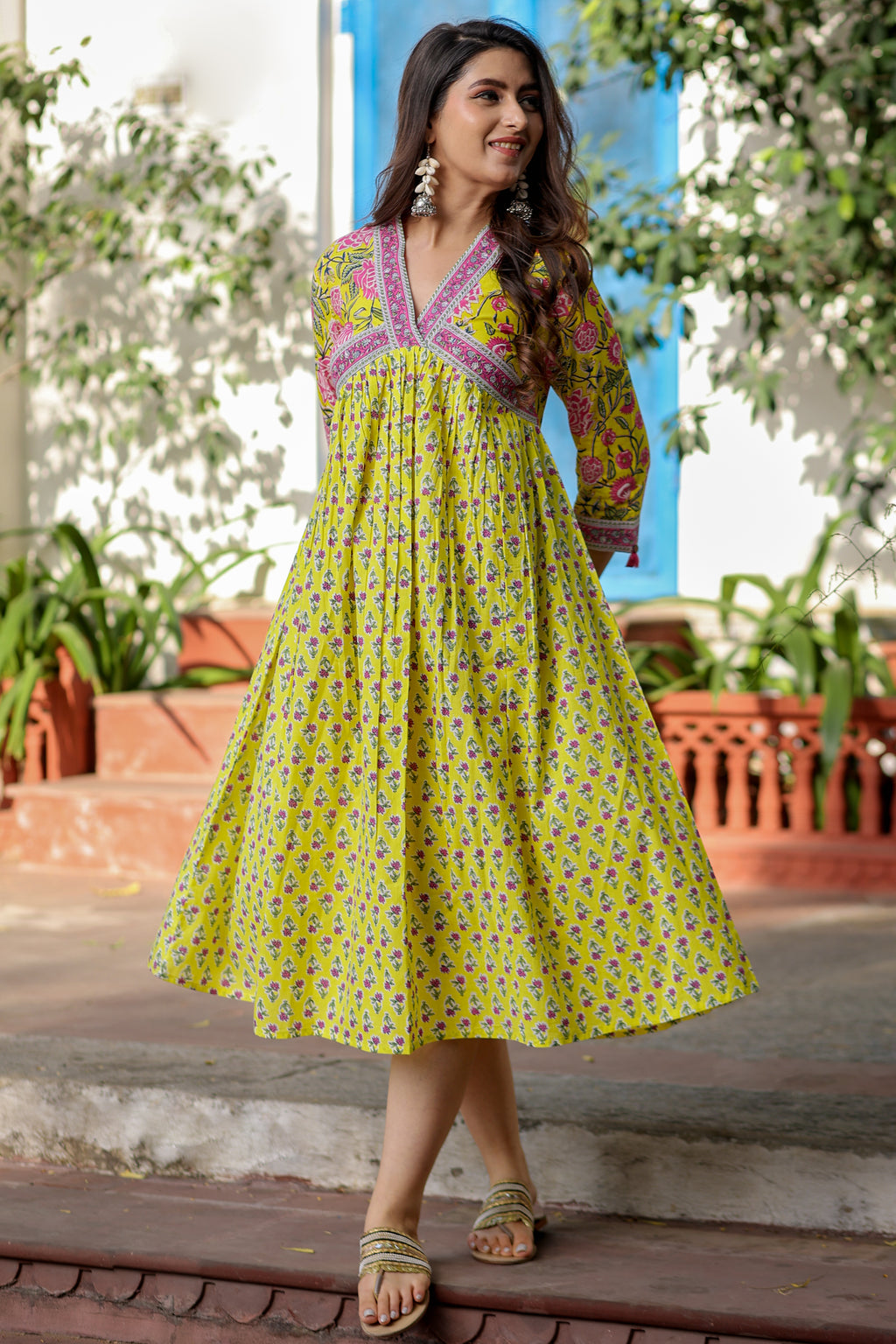 Lime Cotton Floral Printed Flared Dress