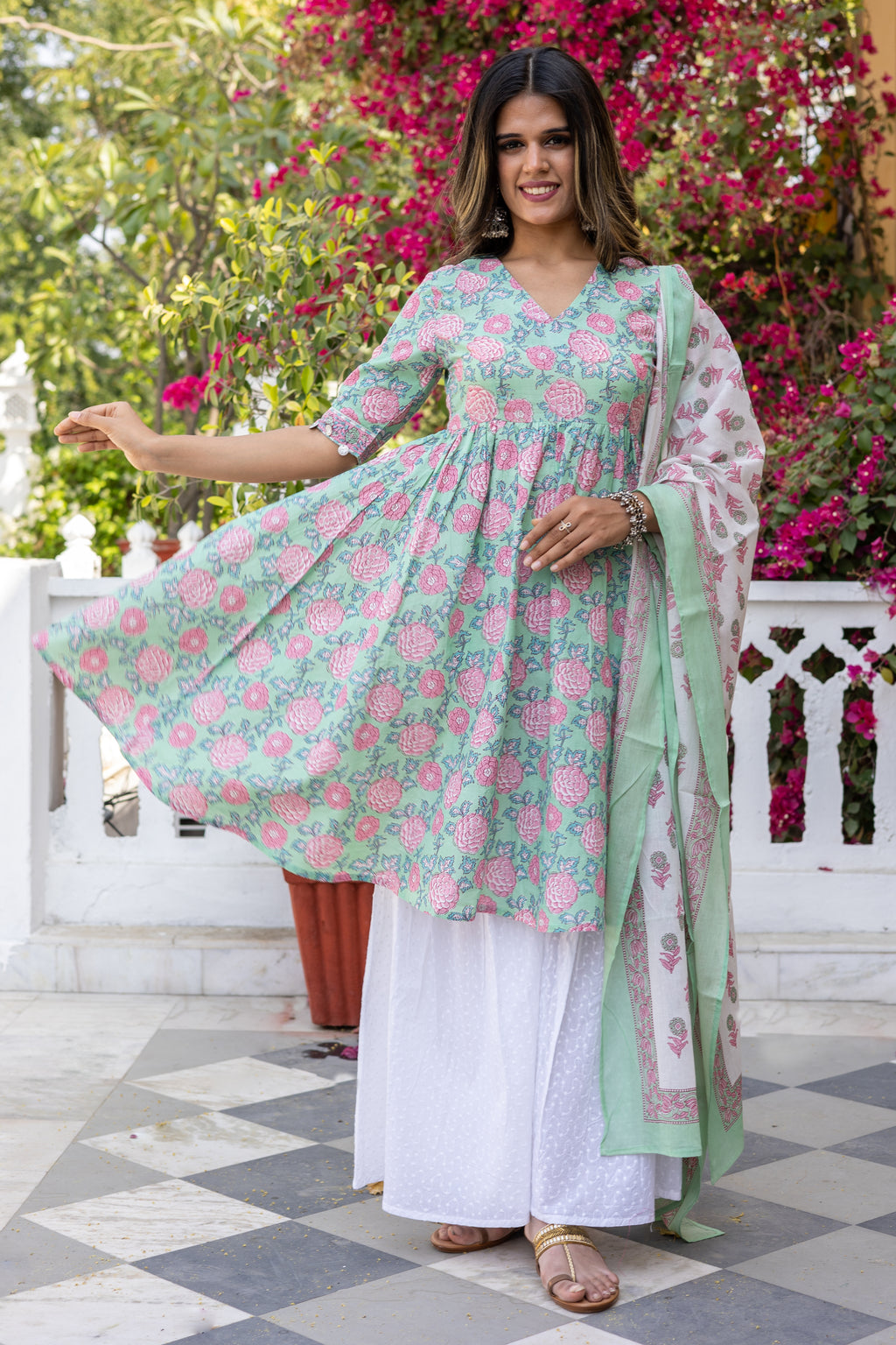 Light Green Cotton Printed  Anarkali Kurta With Sharara and Dupatta