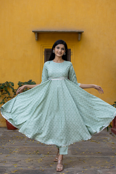 Green Silver Printed Anarkali with Belt and Narrow Pant