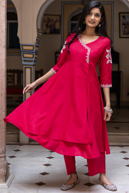 Red Viscose Embroidered Asymmetrical Wrap Around Dress With Pant