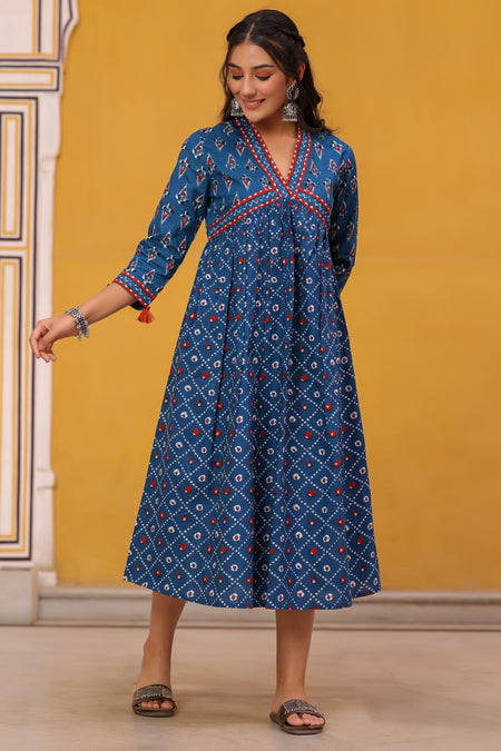 Blue Cotton Printed Flared Dress