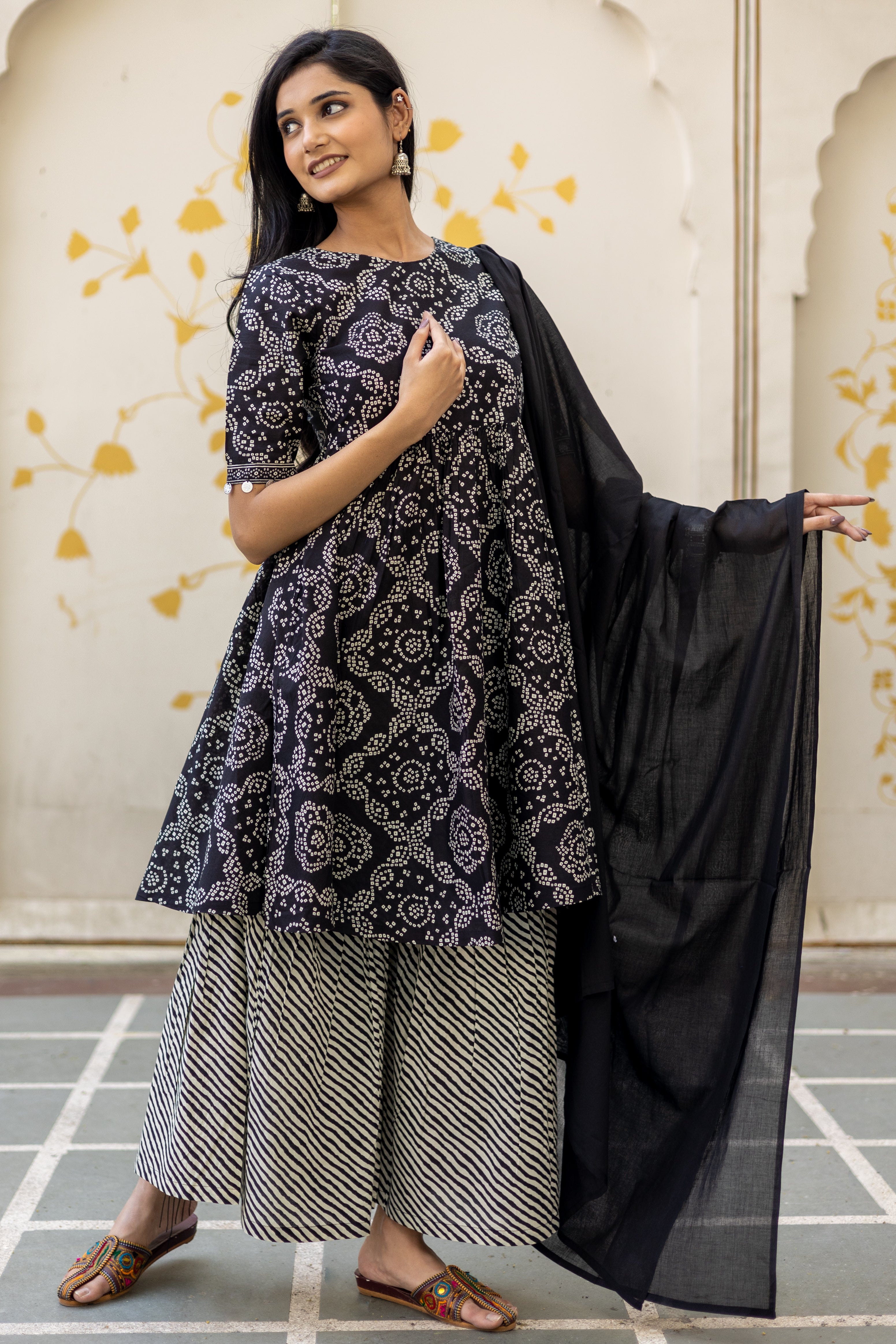 Black Cotton Printed Anarkali Kurta With Sharara and Dupatta