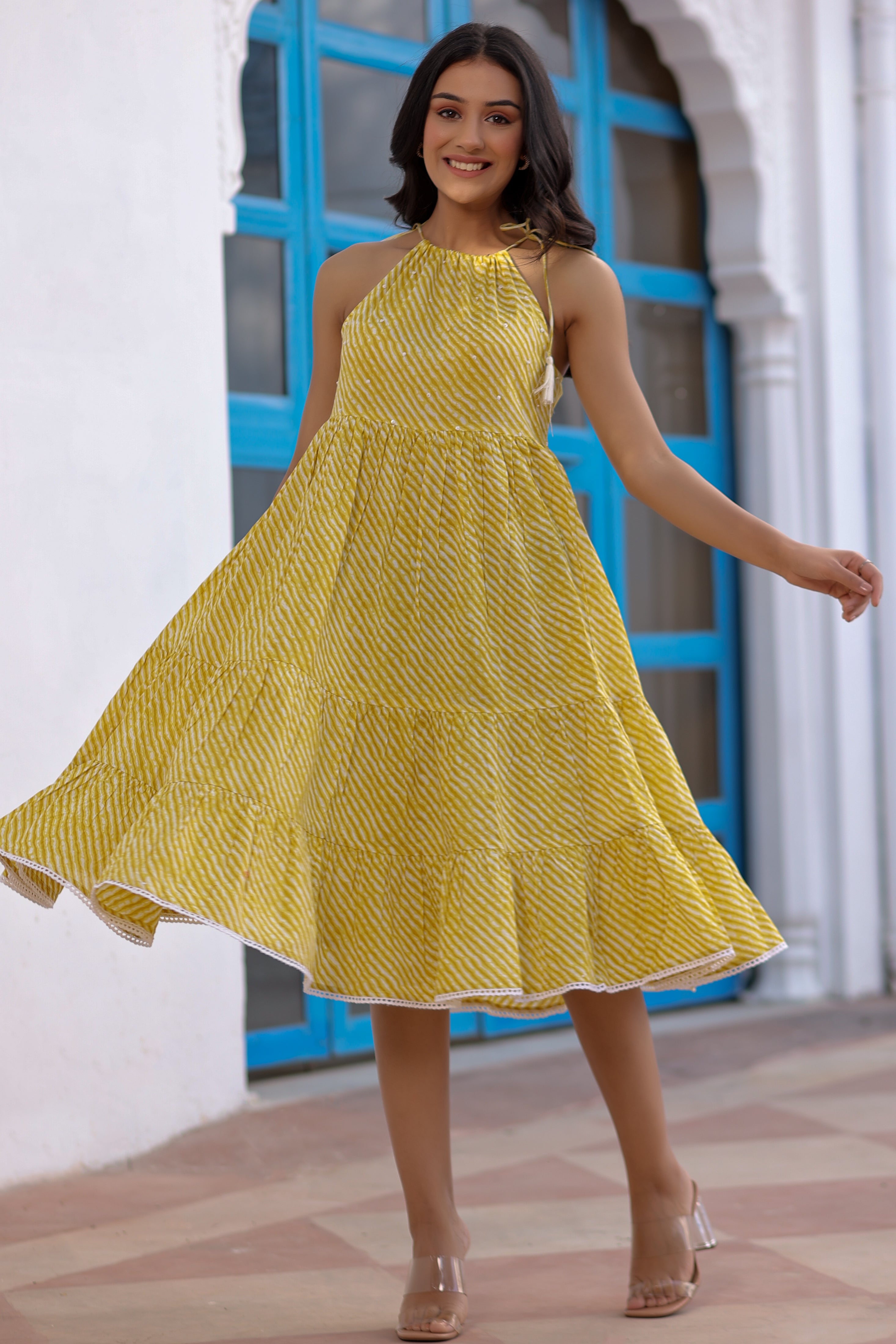 Yellow Cotton Printed Tiered Dress