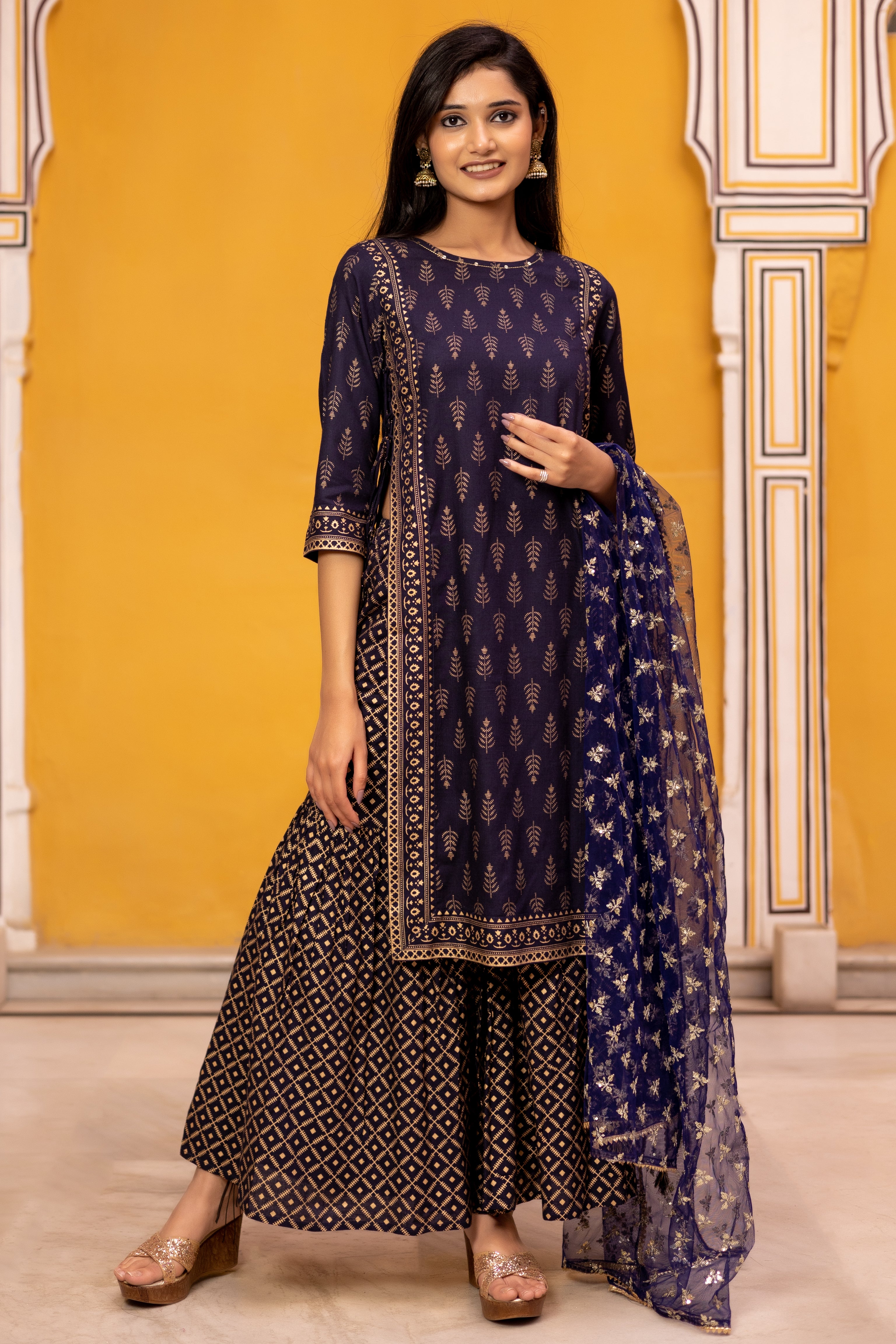 Blue Gold Printed Straight Kurti with Side Tie-ups Paired with Sharara and Dupatta