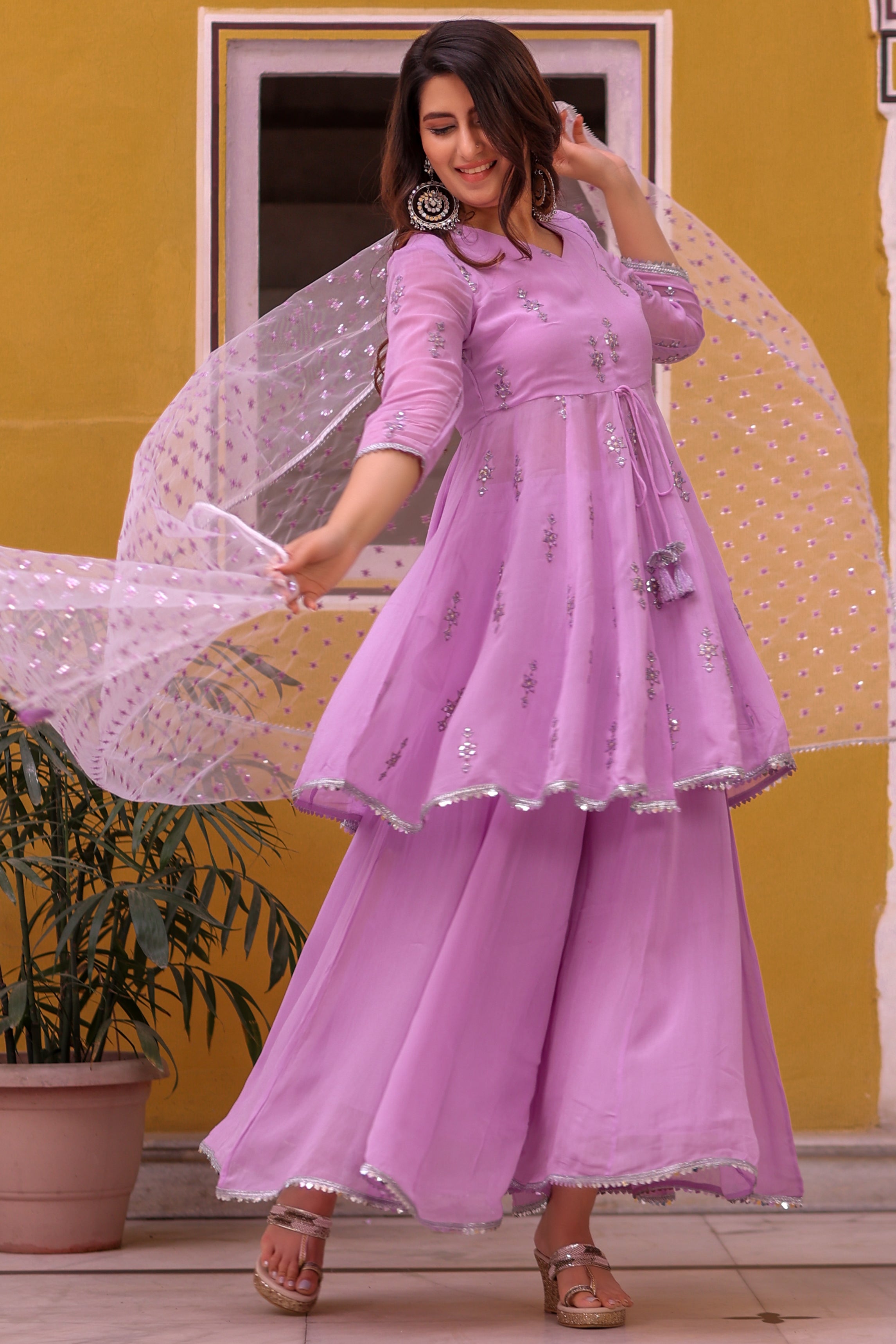Lavender Embroidered Flared Kurti with Mid-Cut and Flared Palazo Paired with Dupatta.