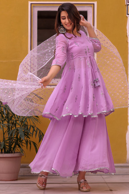 Lavender Embroidered Flared Kurti with Mid-Cut and Flared Palazo Paired with Dupatta.
