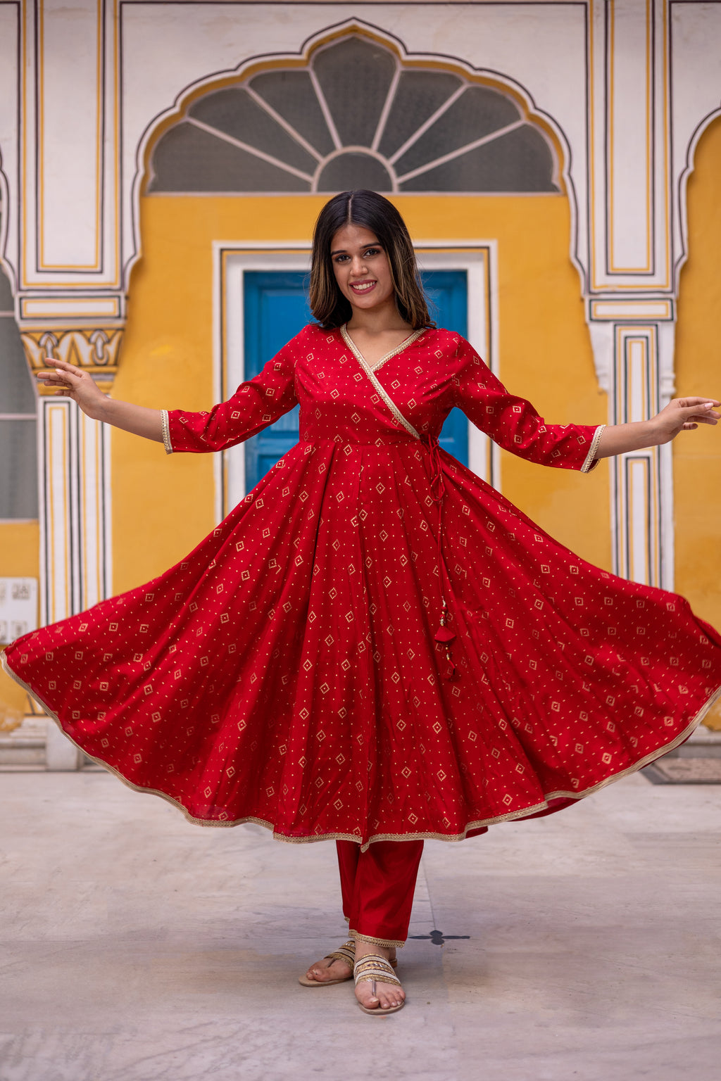 Red Gold Printed Angarkha Style Anarkali with Narrow Pant.