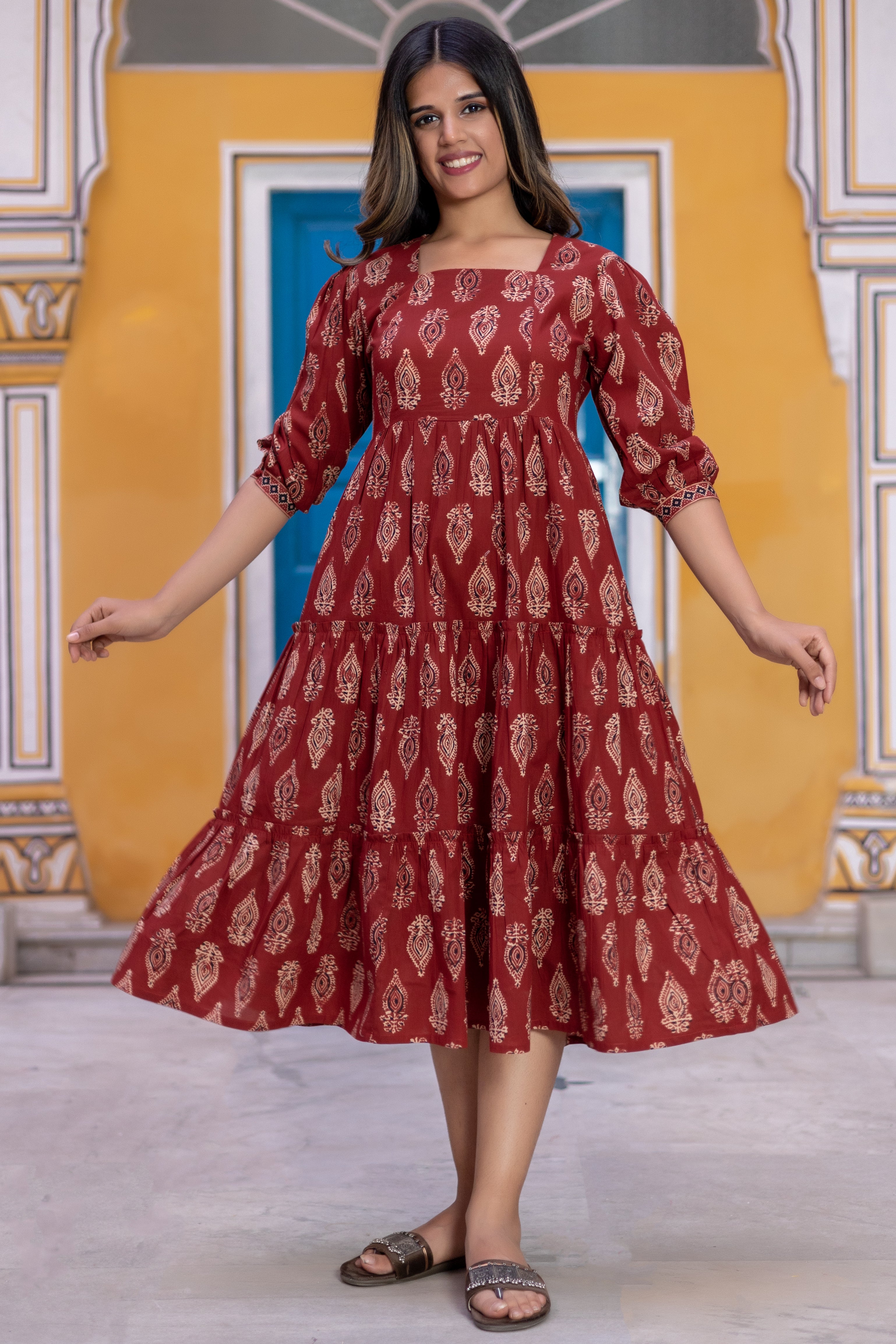 Maroon Cotton Floral Printed Flared Dress
