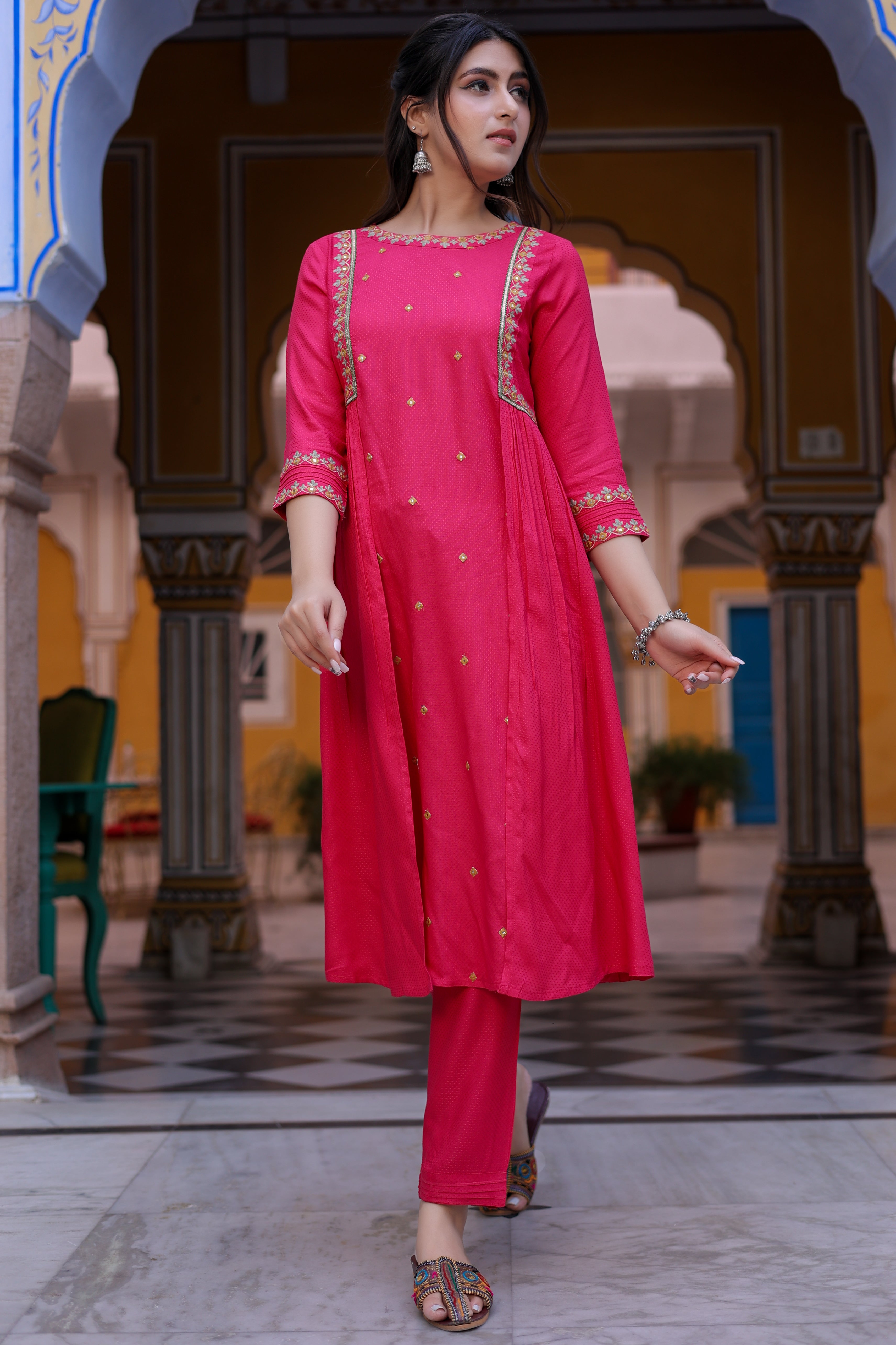 Pink Embroidered A-Line Kurta with Narrow Pant.