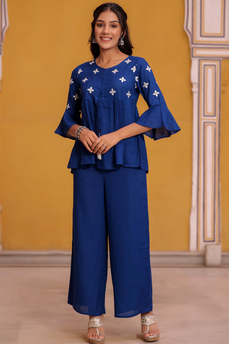 Blue Viscose Embroidered CO ORD SETS