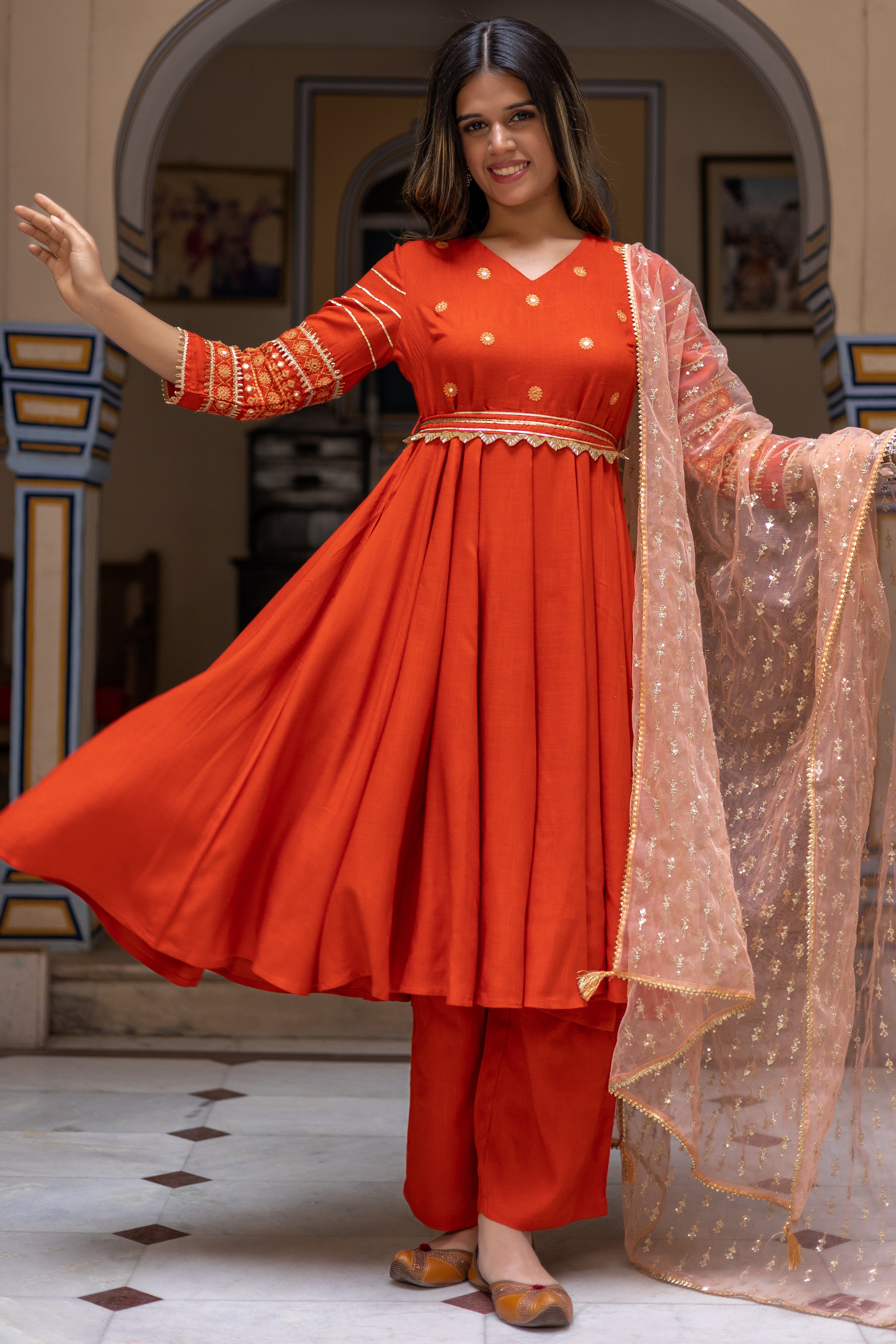 Rust Embroidered Anarkali with Straight  Palazo Paired with Dupatta