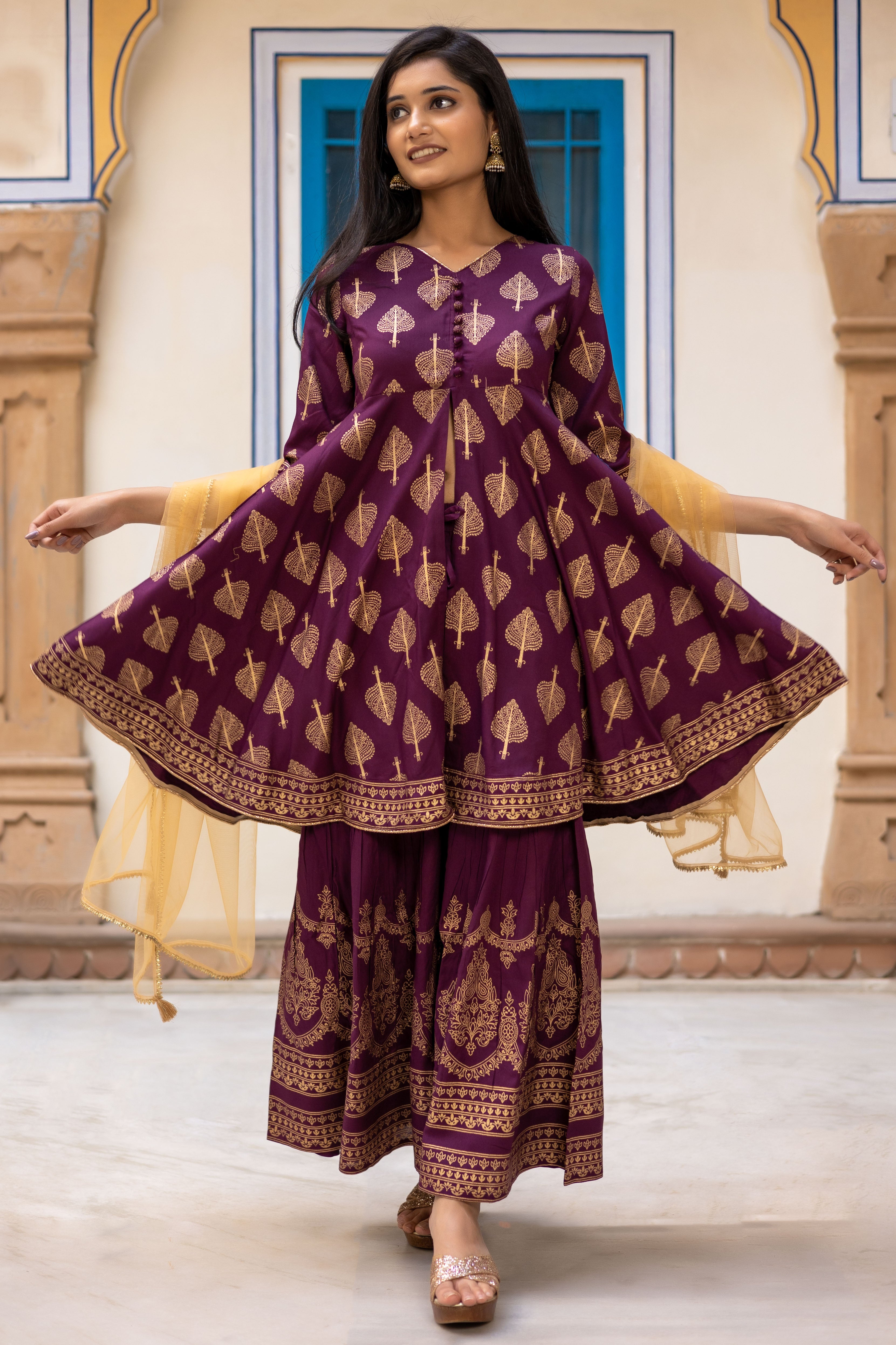 Maroon Gold Printed Flared Kurti with Mid Cut and Sharara Paired with Dupatta