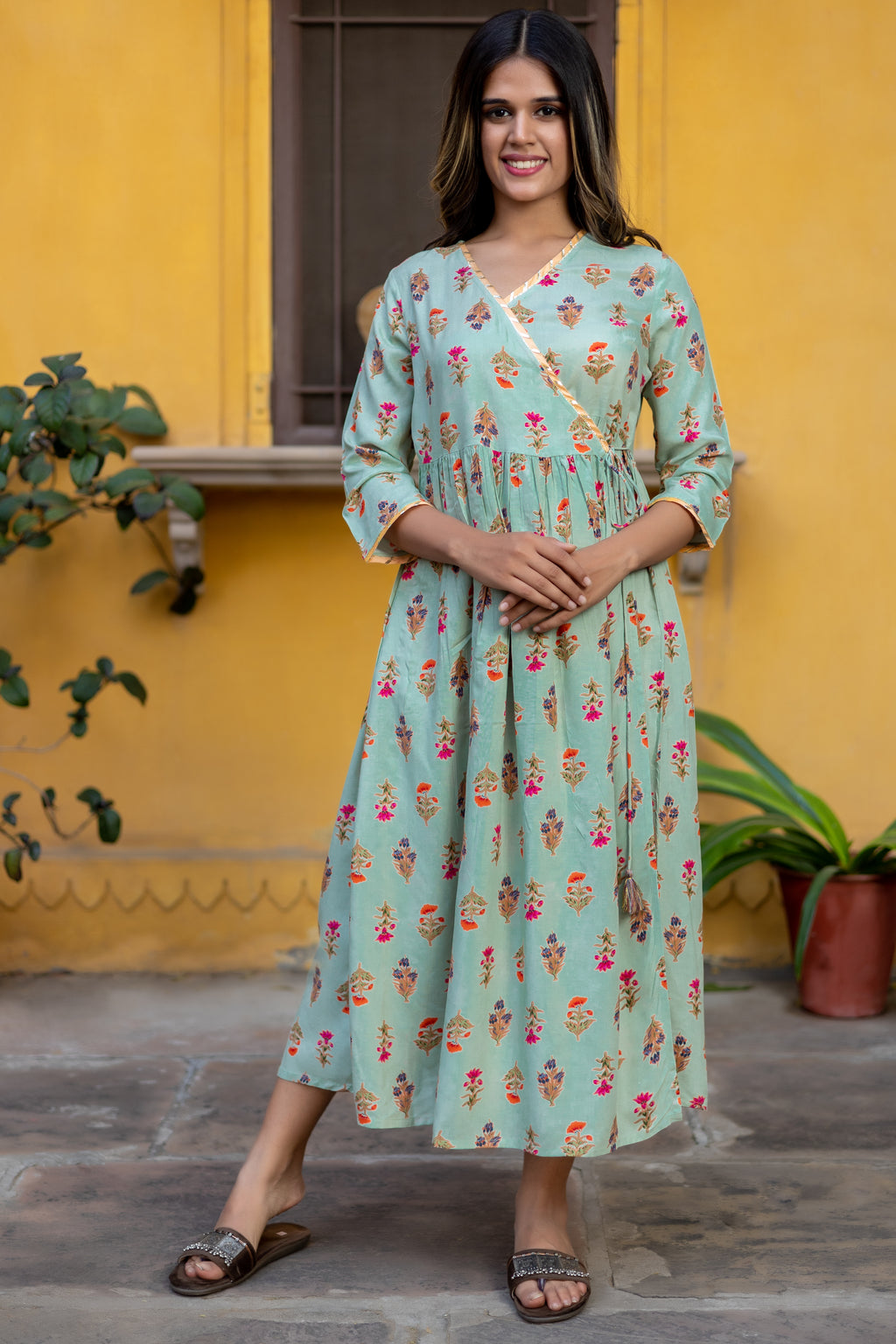 Green Viscose Floral Printed Angrakha Dress