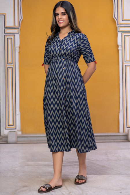 Navy Blue Viscose Printed Flared Dress