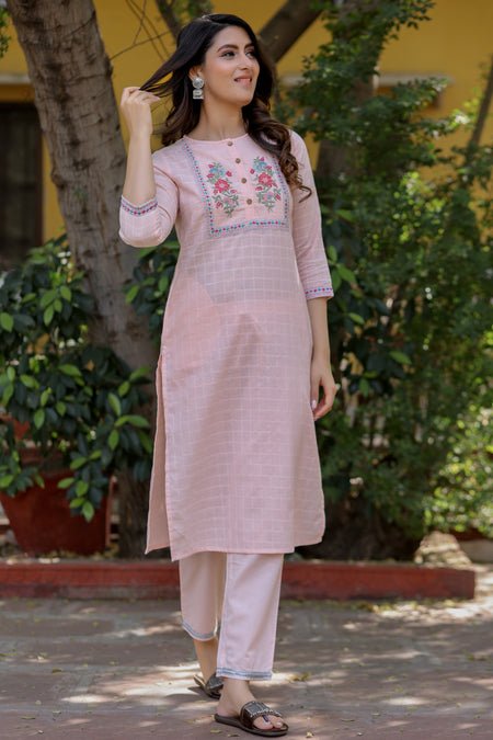 Pink Viscose Embroidered Straight Kurta With Pant