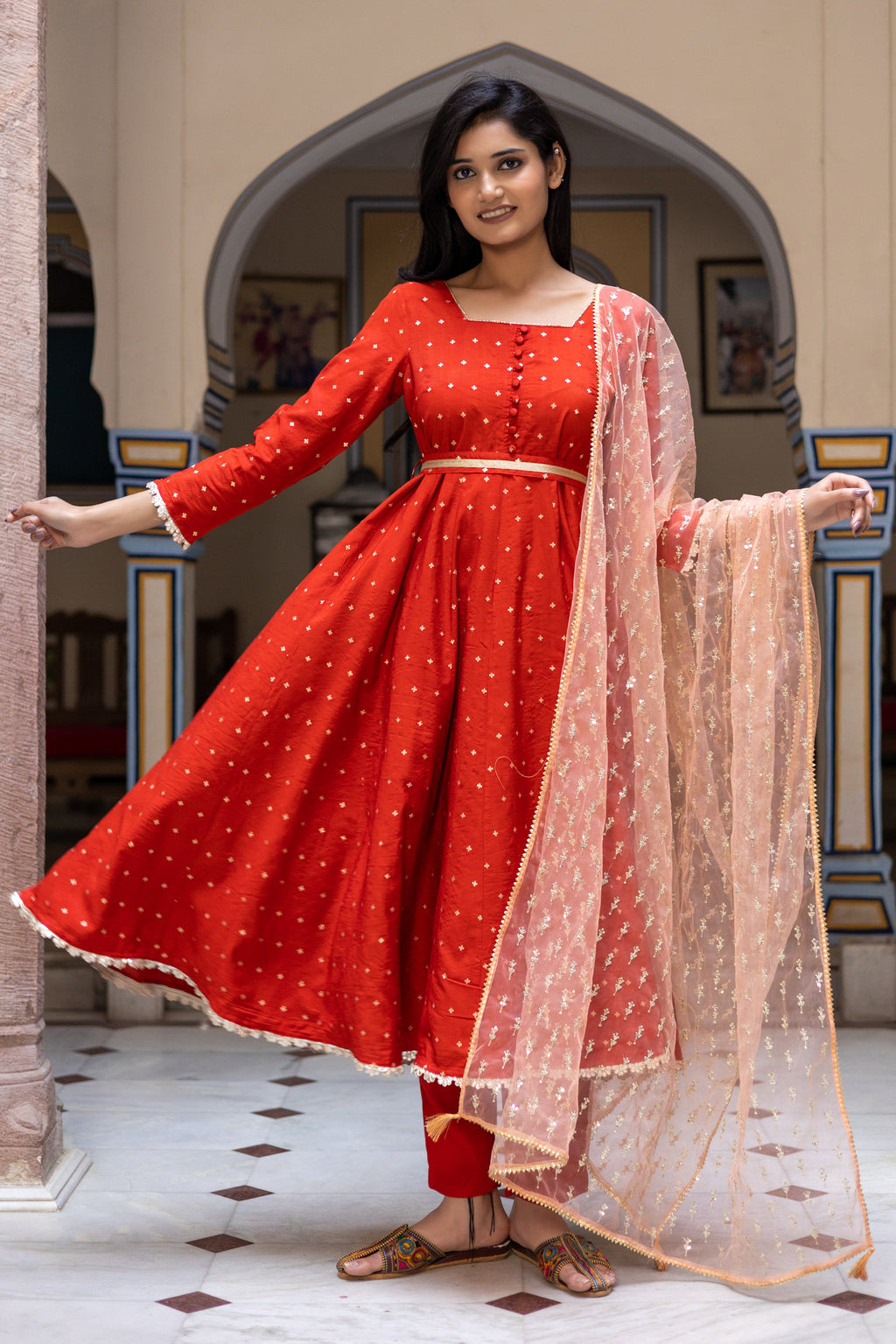 Rust Chanderi Square Neck Anarkali With Narrow Pant Paired with Dupatta