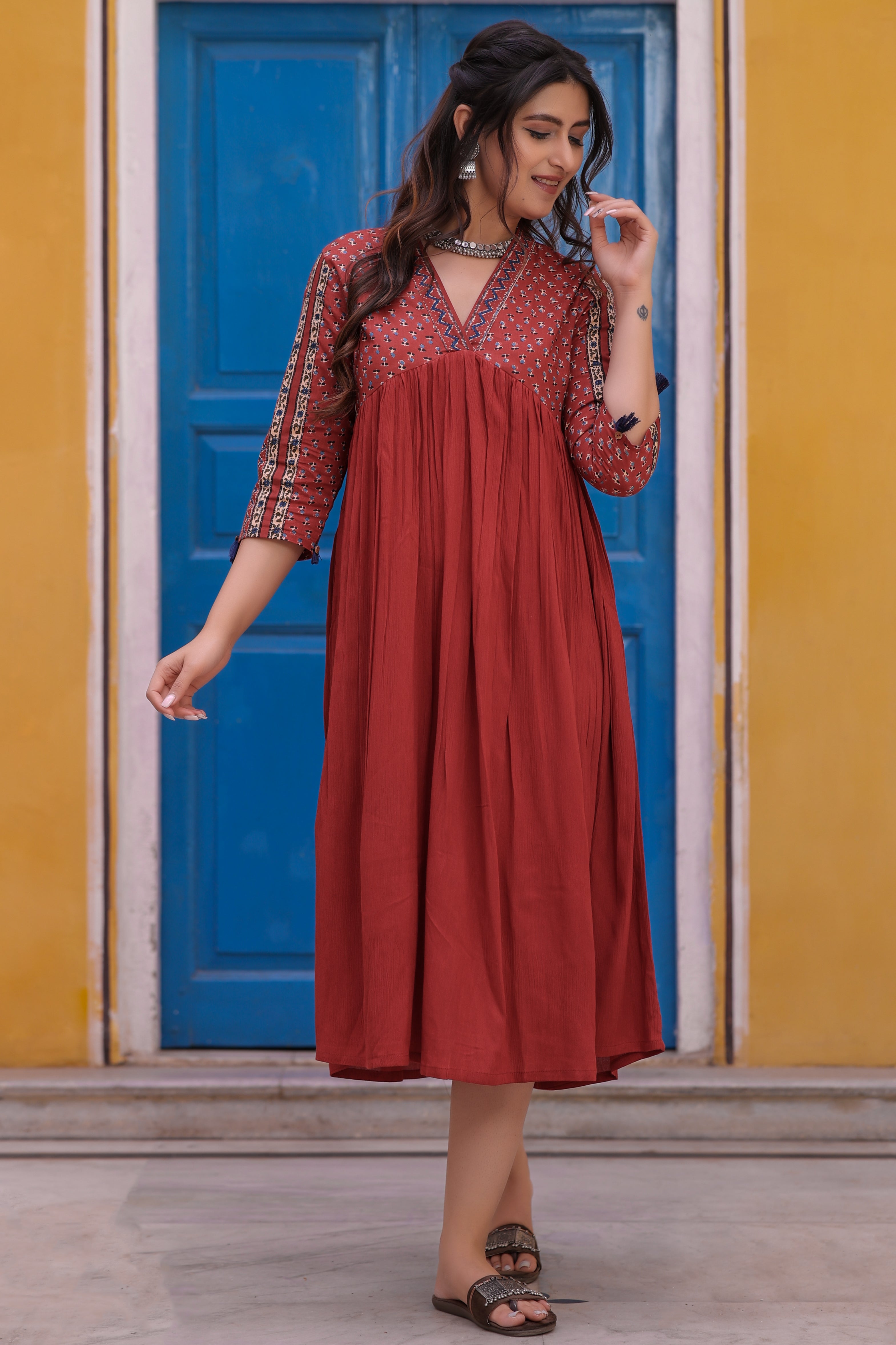 maroon-cotton-printed-flared-long-dress