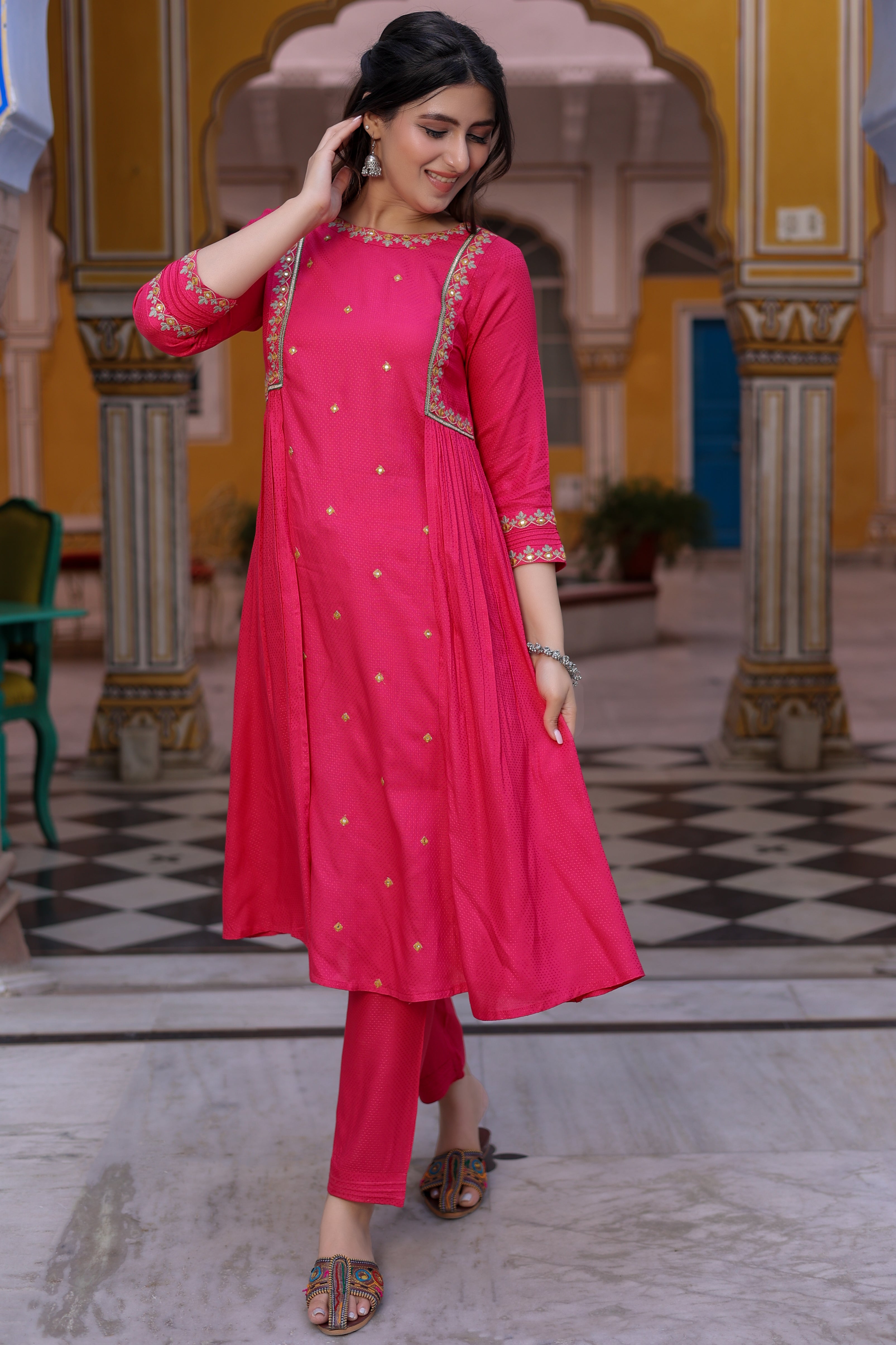 Pink Embroidered A-Line Kurta with Narrow Pant.