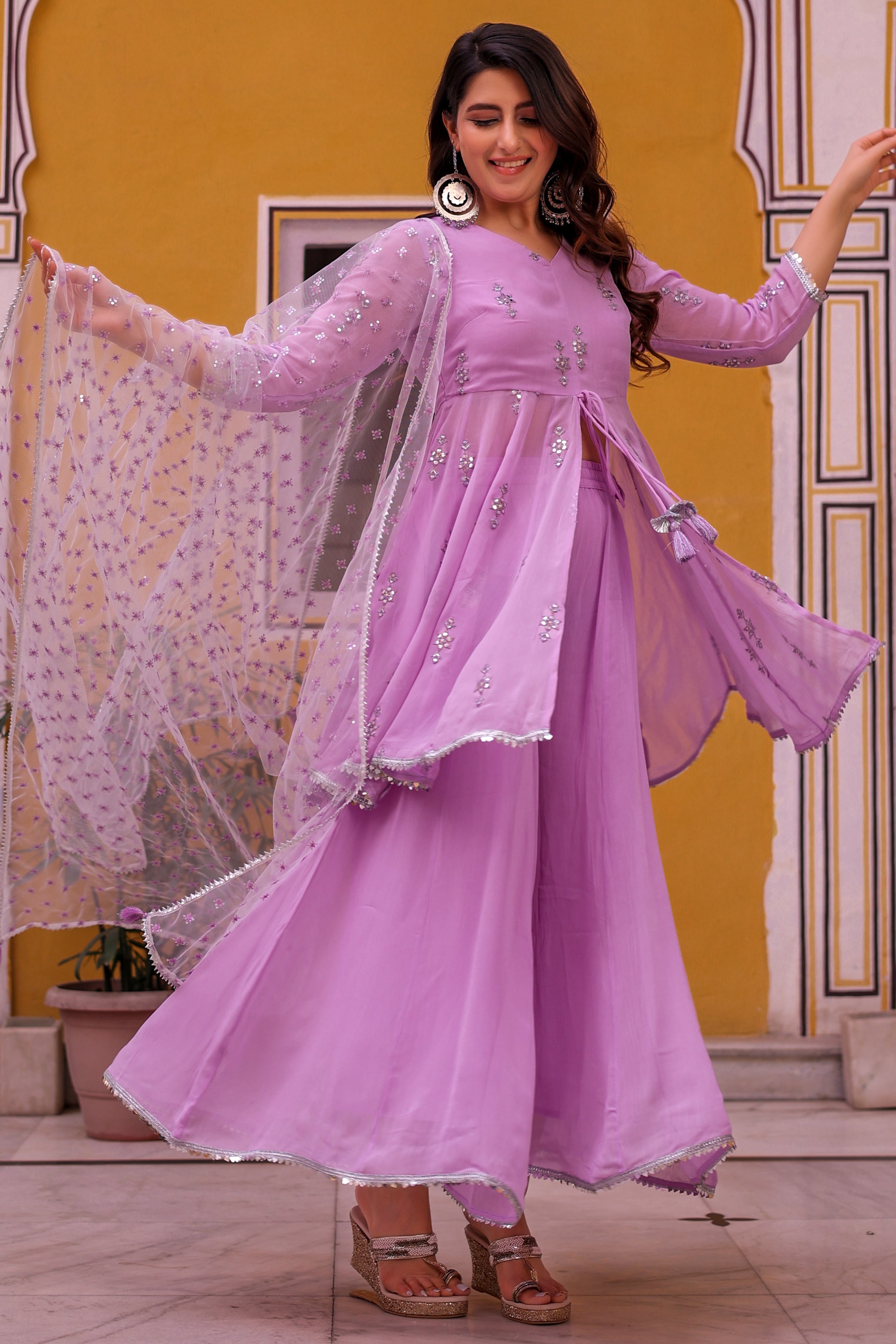 Lavender Embroidered Flared Kurti with Mid-Cut and Flared Palazo Paired with Dupatta.