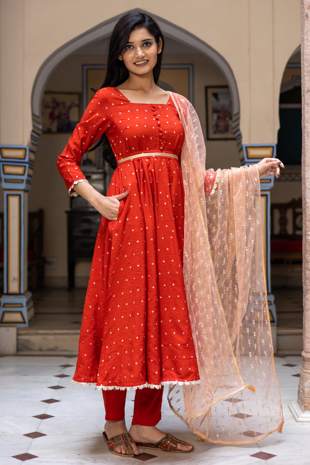 Rust Chanderi Square Neck Anarkali With Narrow Pant Paired with Dupatta