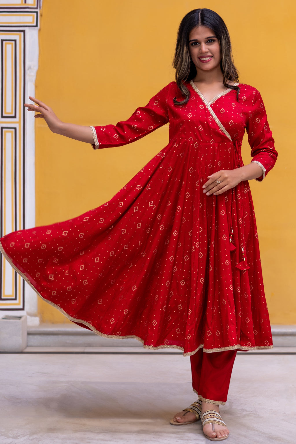 Red Gold Printed Angarkha Style Anarkali with Narrow Pant.