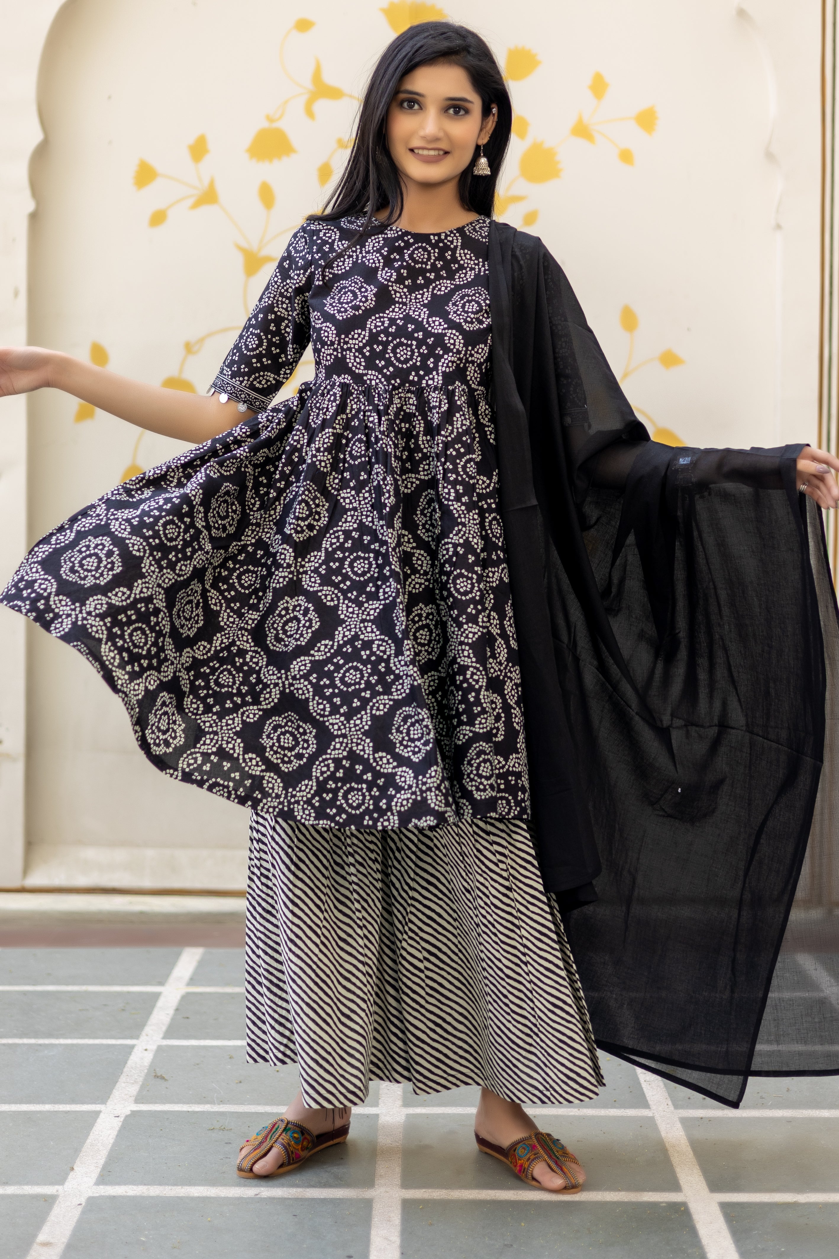 Black Cotton Printed Anarkali Kurta With Sharara and Dupatta