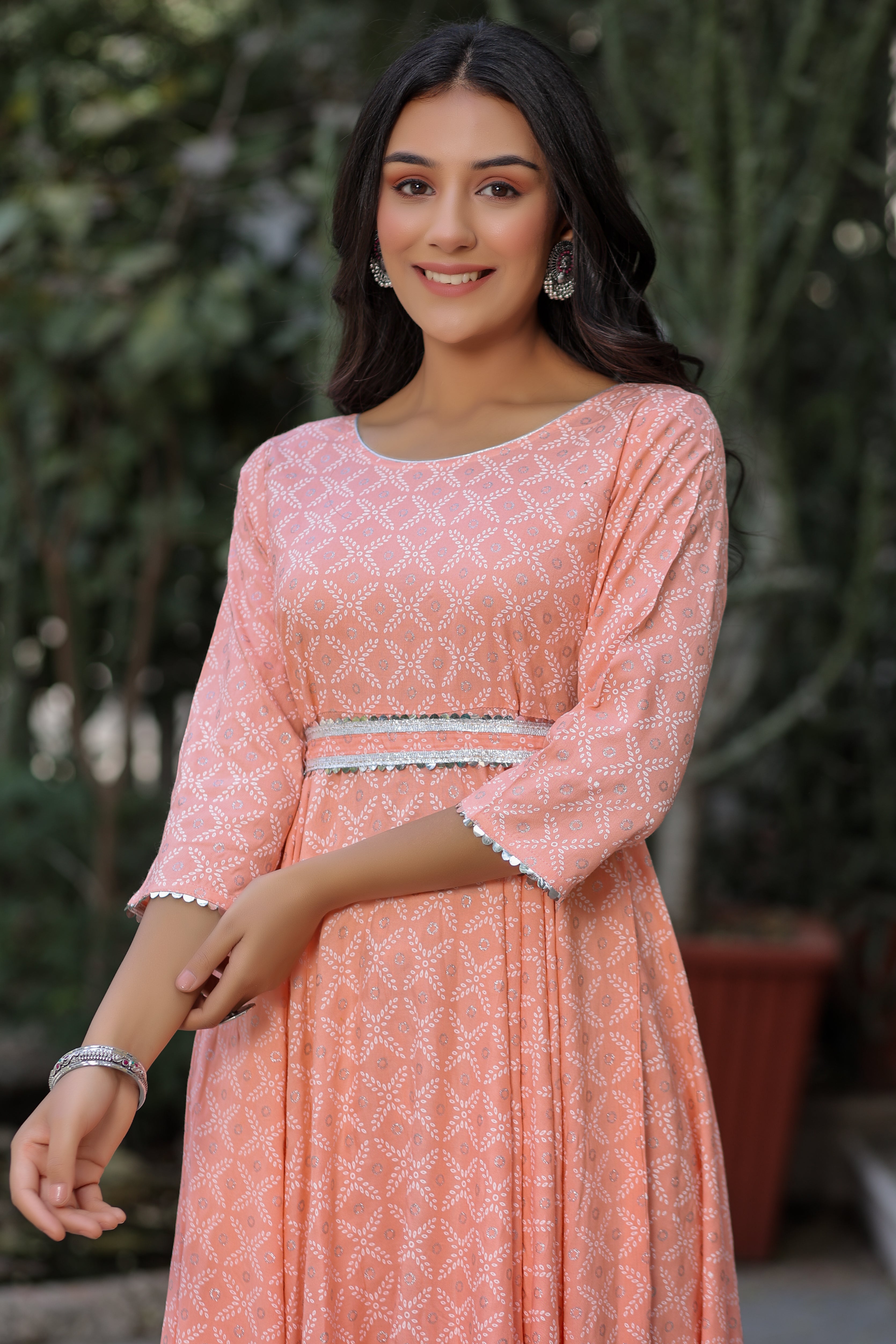 Peach Silver Printed Anarkali with Belt and Narrow Pant