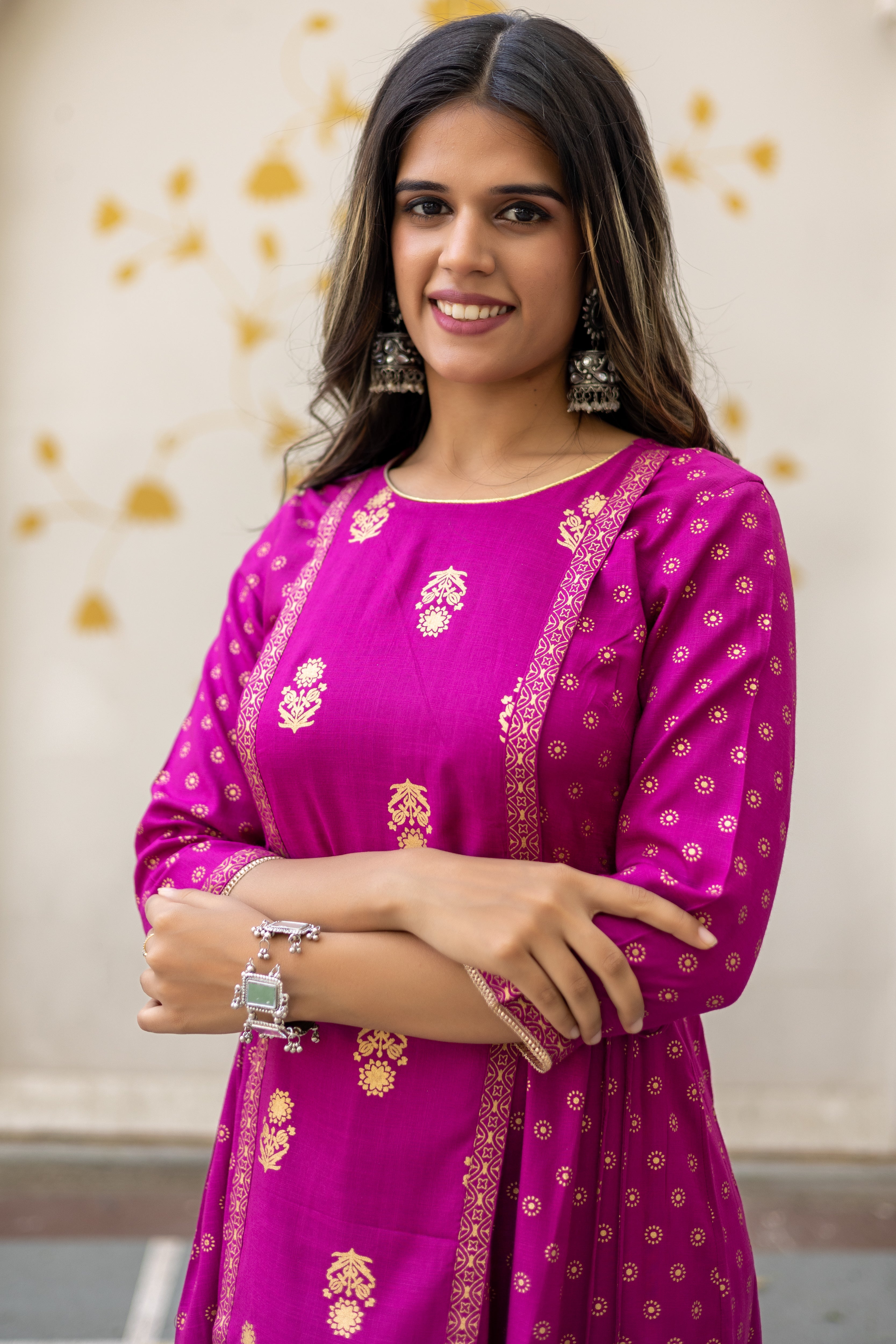 Pink Viscose Printed Flared Dress