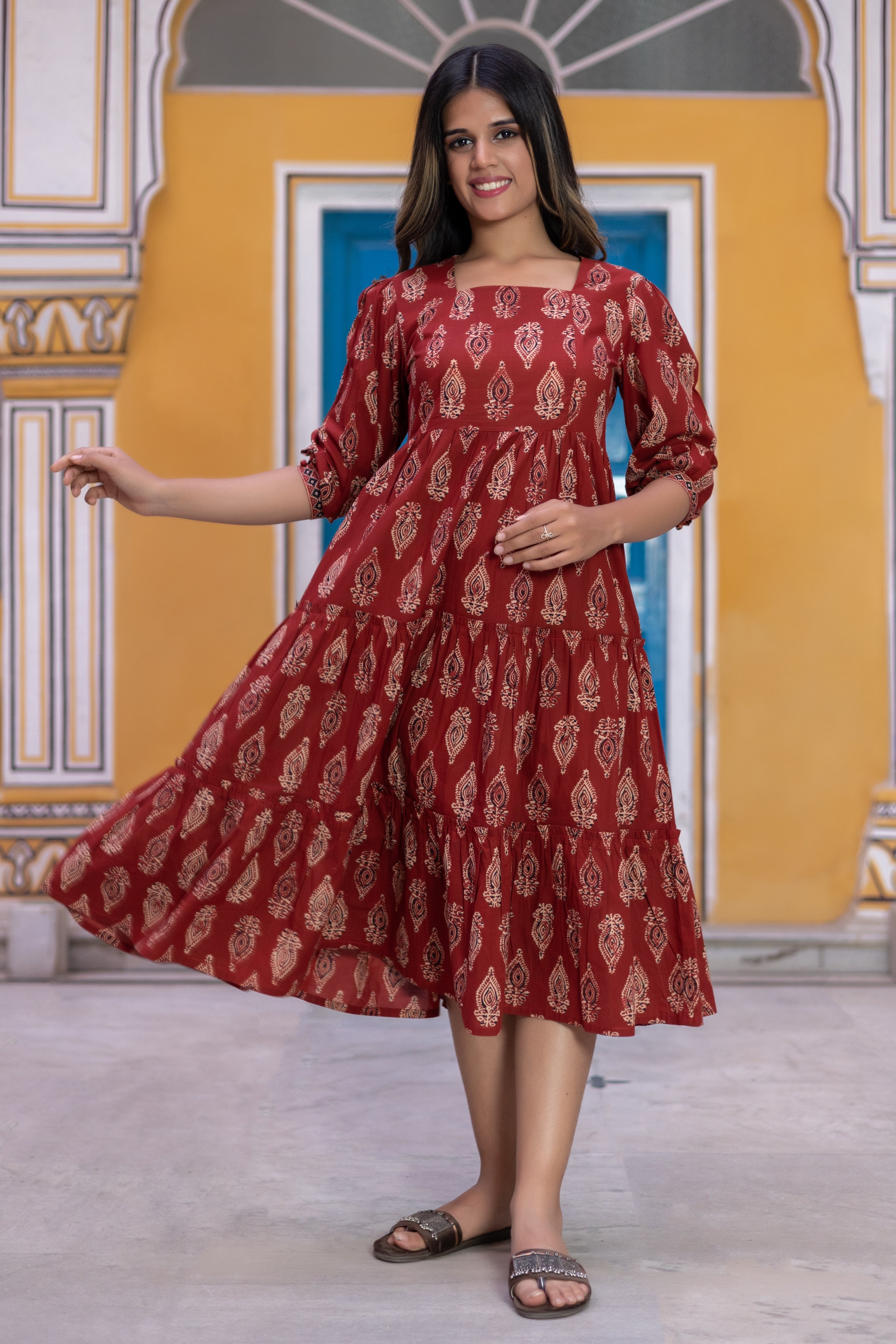 Maroon Cotton Floral Printed Flared Dress