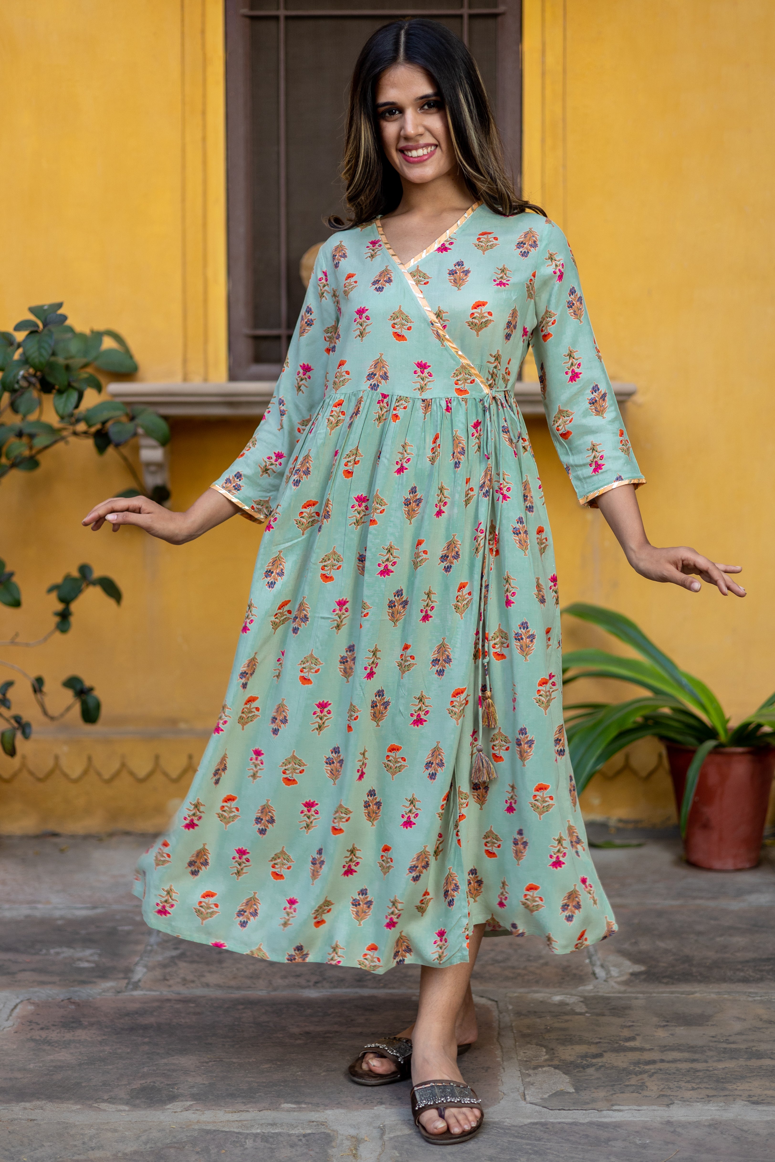 Green Viscose Floral Printed Angrakha Dress