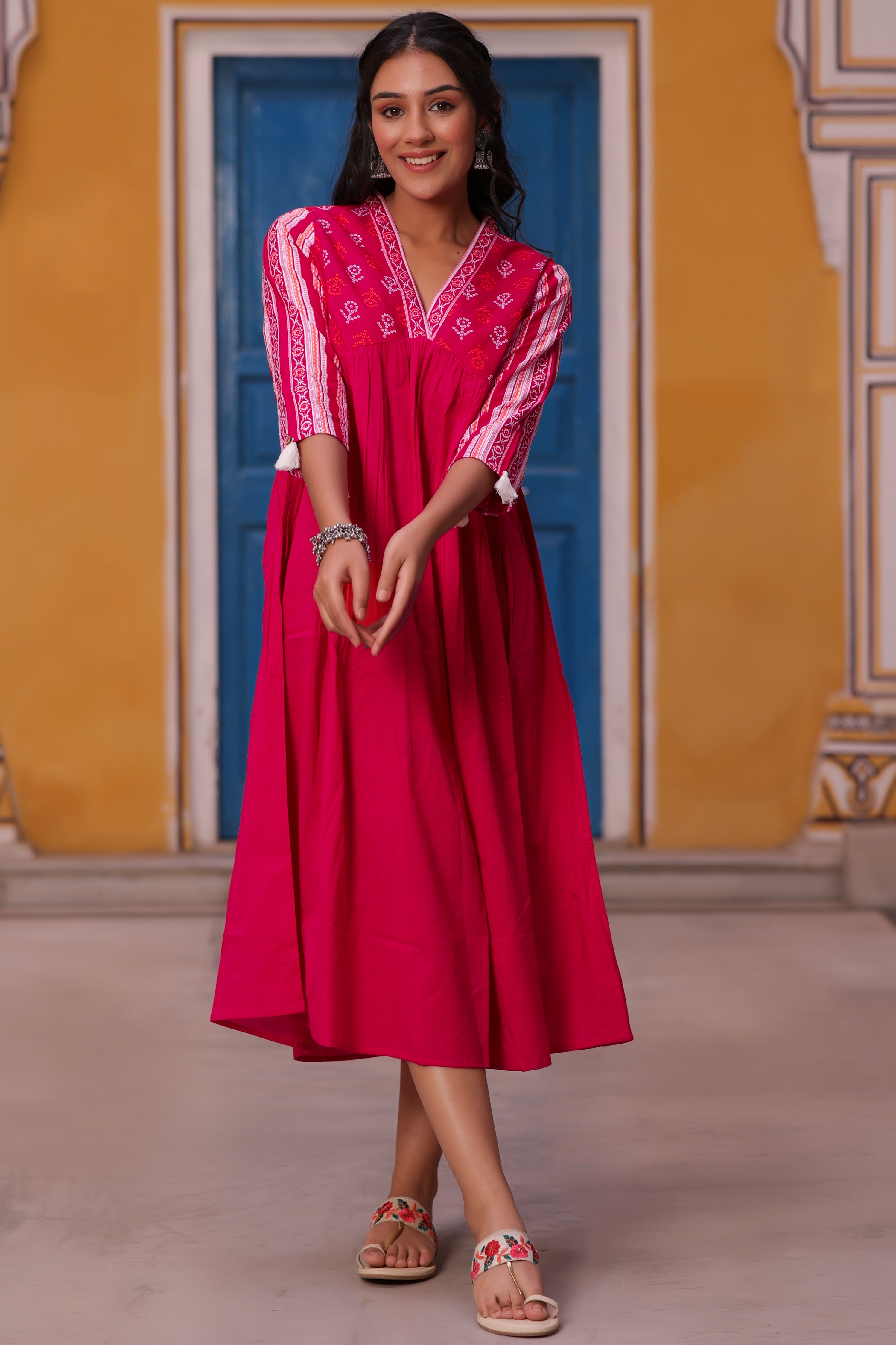 this-pink-cotton-printed-v-neck-gathered-flared-a-line-dress-is-a-smart-casual-range-with-very-comfortable-functional-and-detail-oriented-smart-silhouettes-which-can-be-worn-at-work-or-any-day-out-with-friends