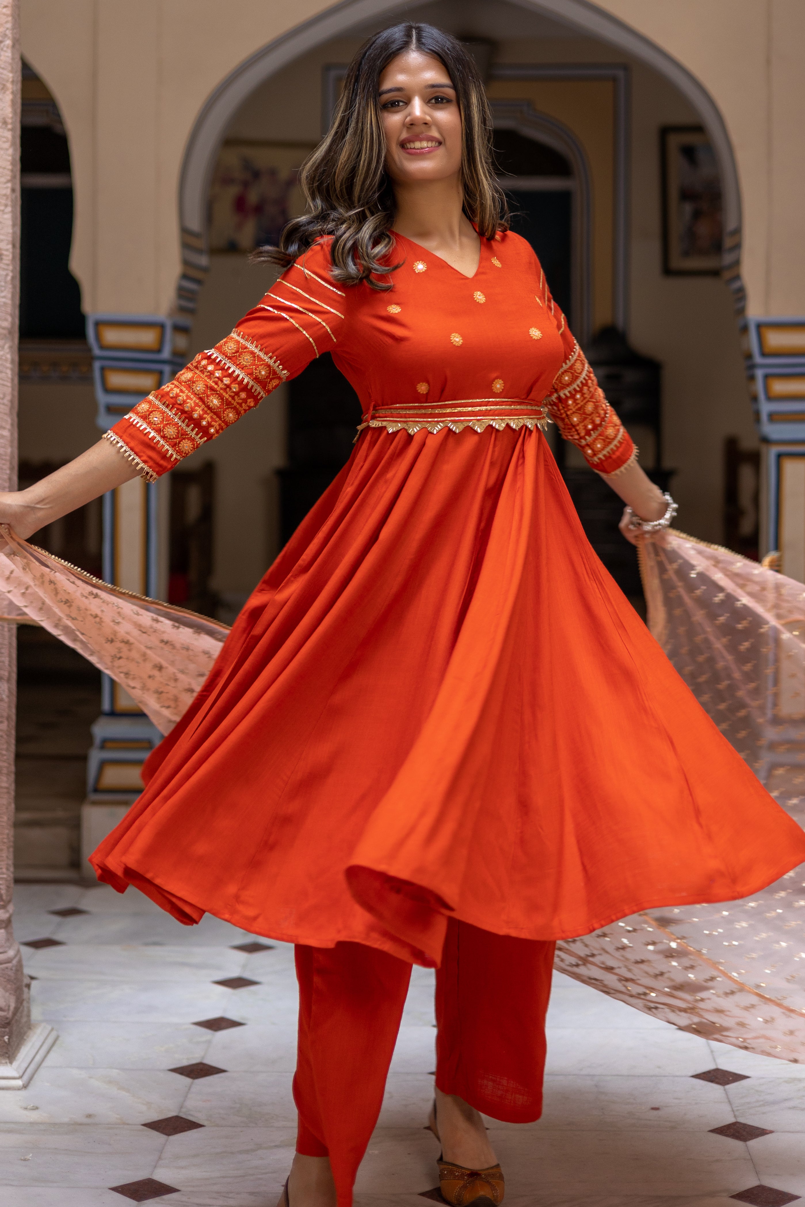 Rust Embroidered Anarkali with Straight  Palazo Paired with Dupatta