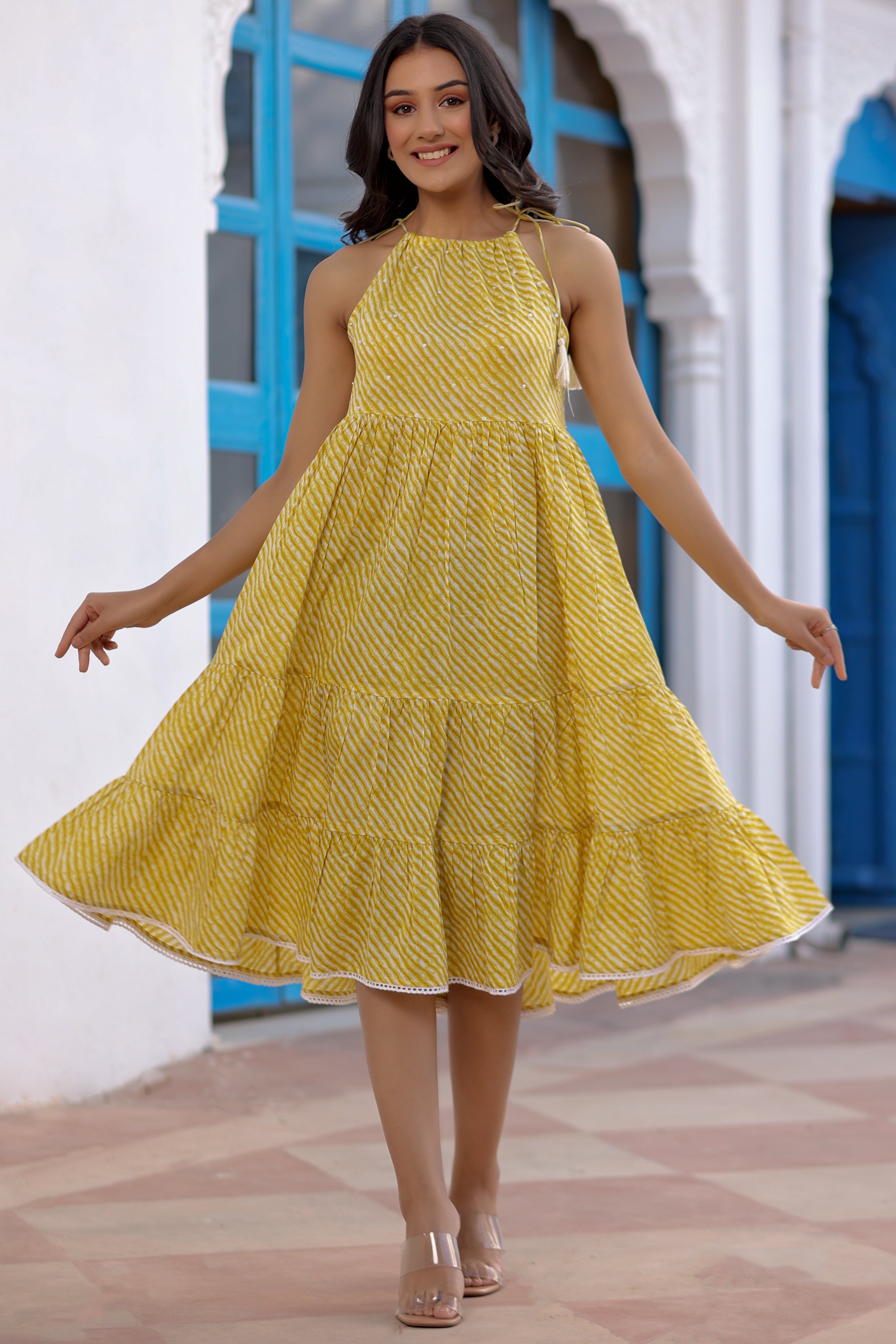 Yellow Cotton Printed Tiered Dress