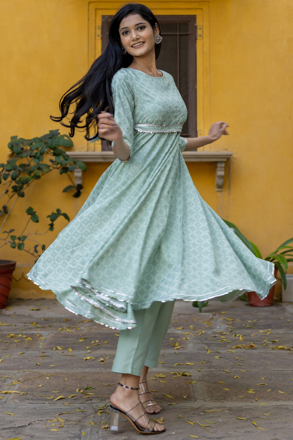 Green Silver Printed Anarkali with Belt and Narrow Pant