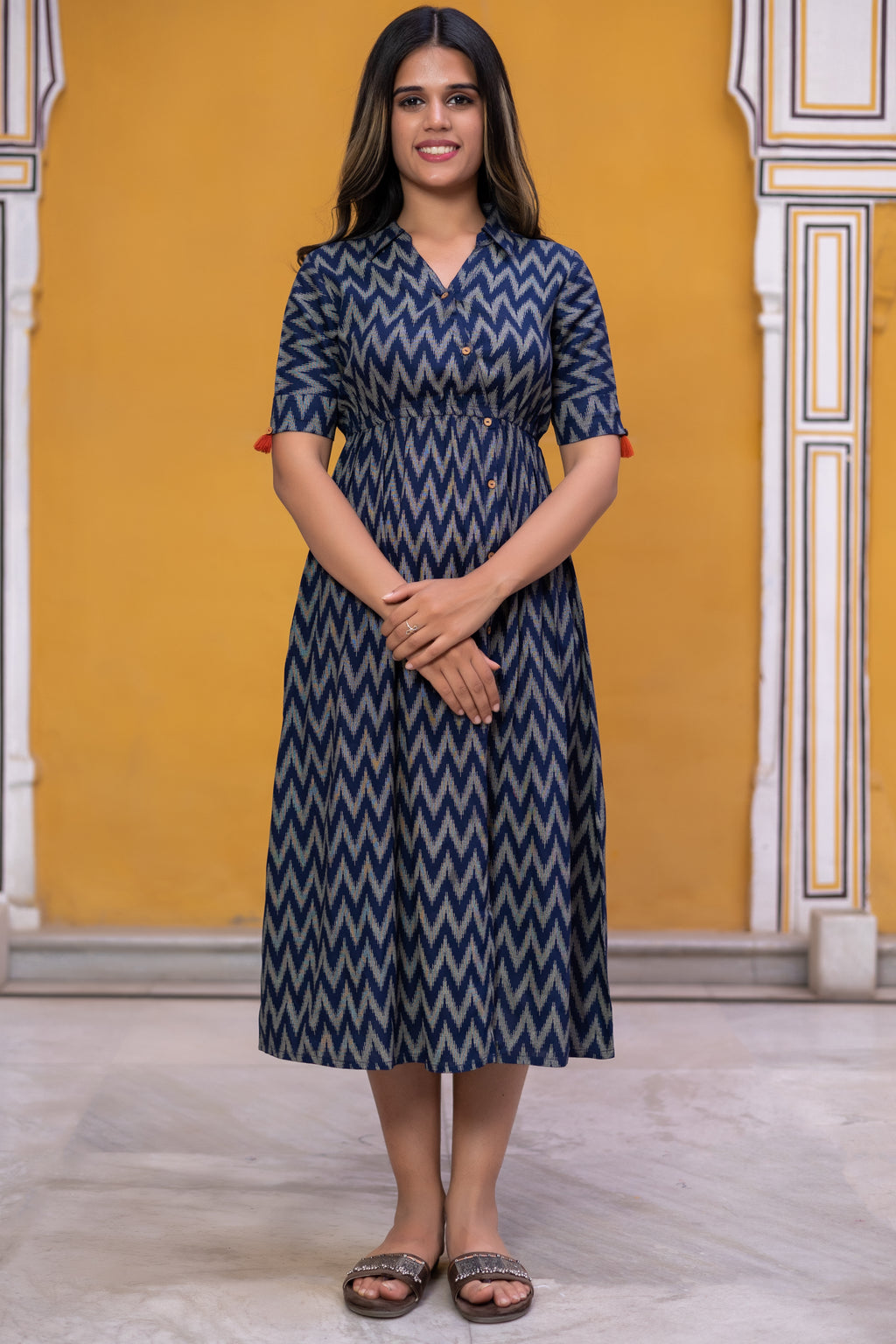 Navy Blue Viscose Printed Flared Dress