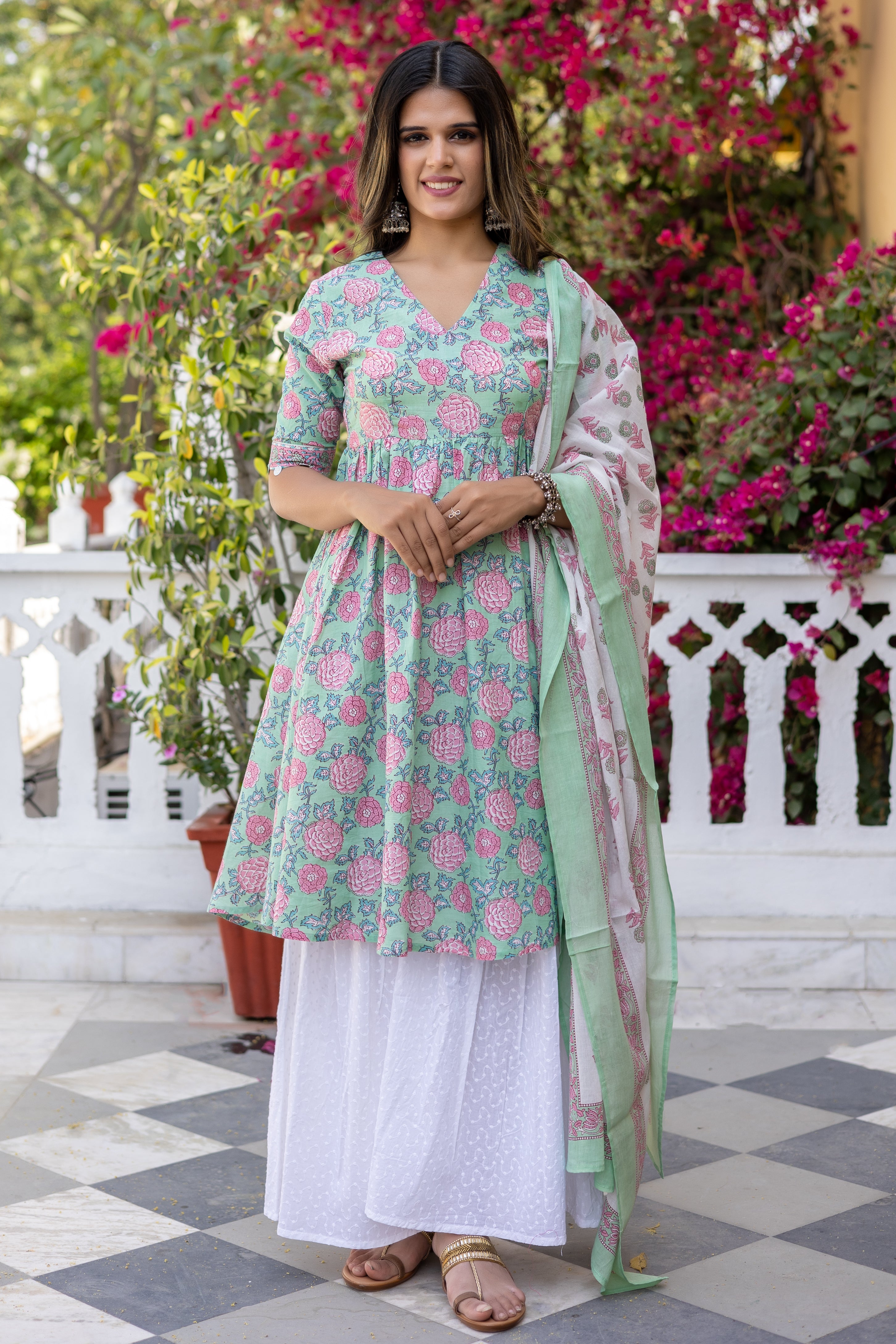 Light Green Cotton Printed  Anarkali Kurta With Sharara and Dupatta