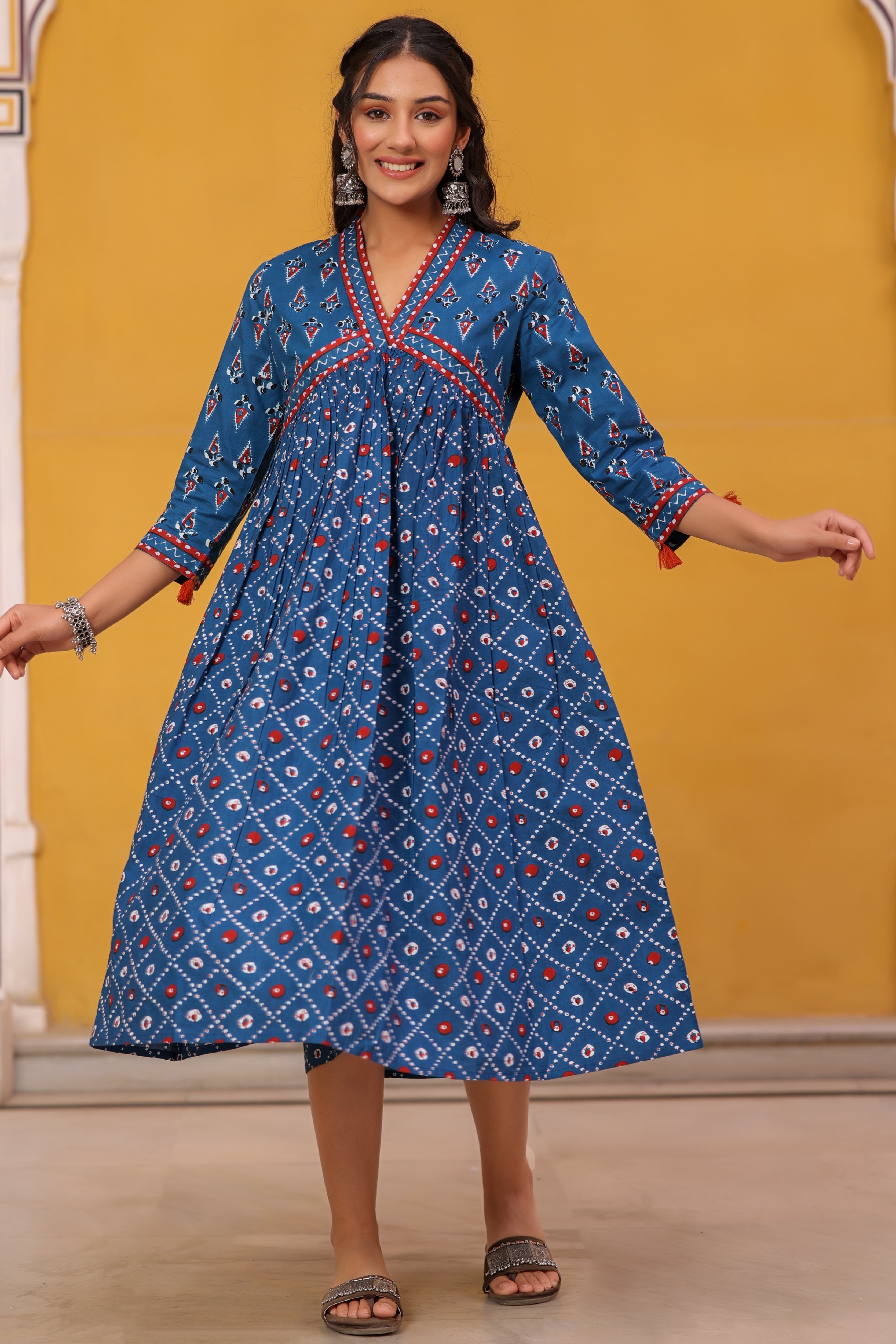 Blue Cotton Printed Flared Dress