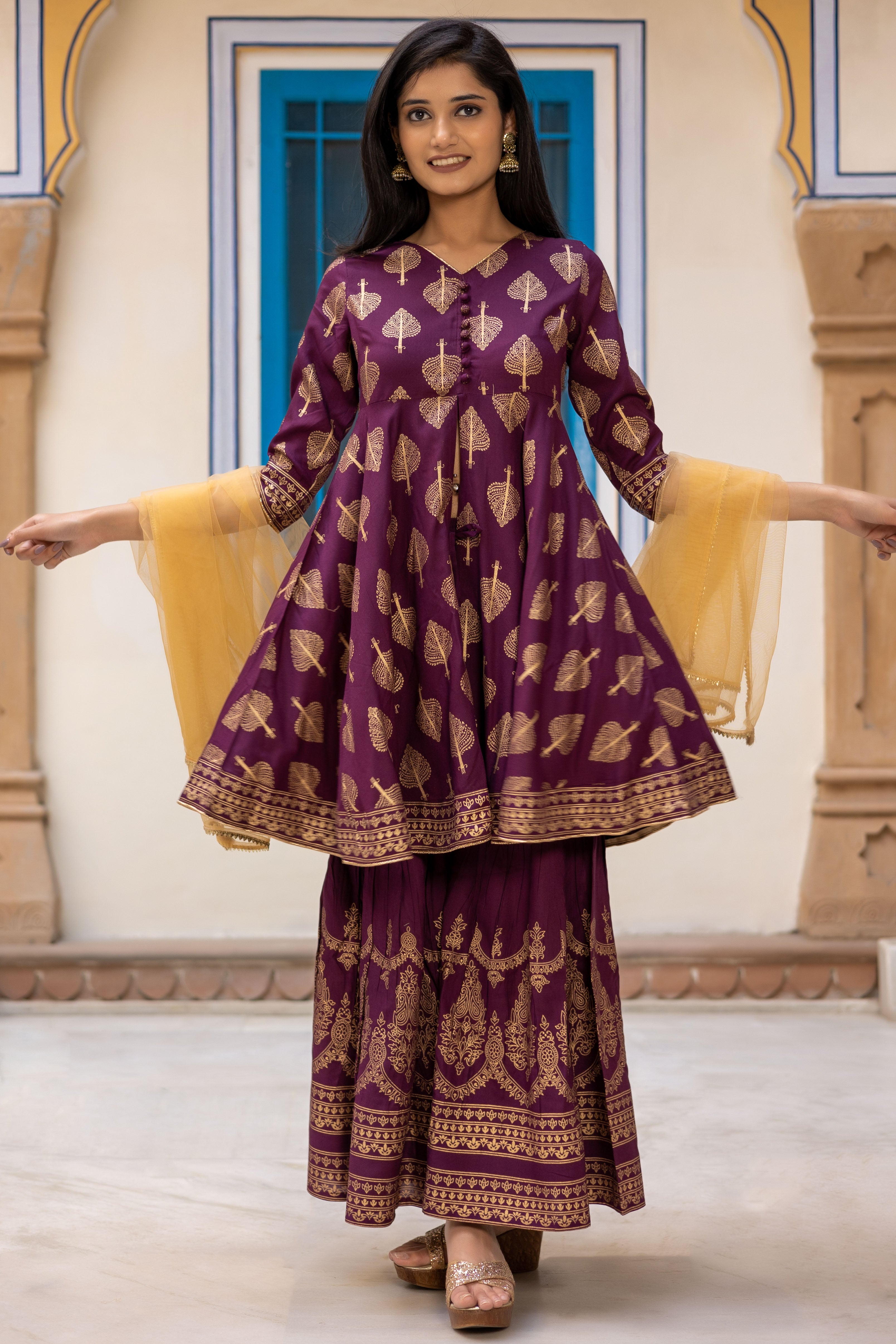 Maroon Gold Printed Flared Kurti with Mid Cut and Sharara Paired with Dupatta