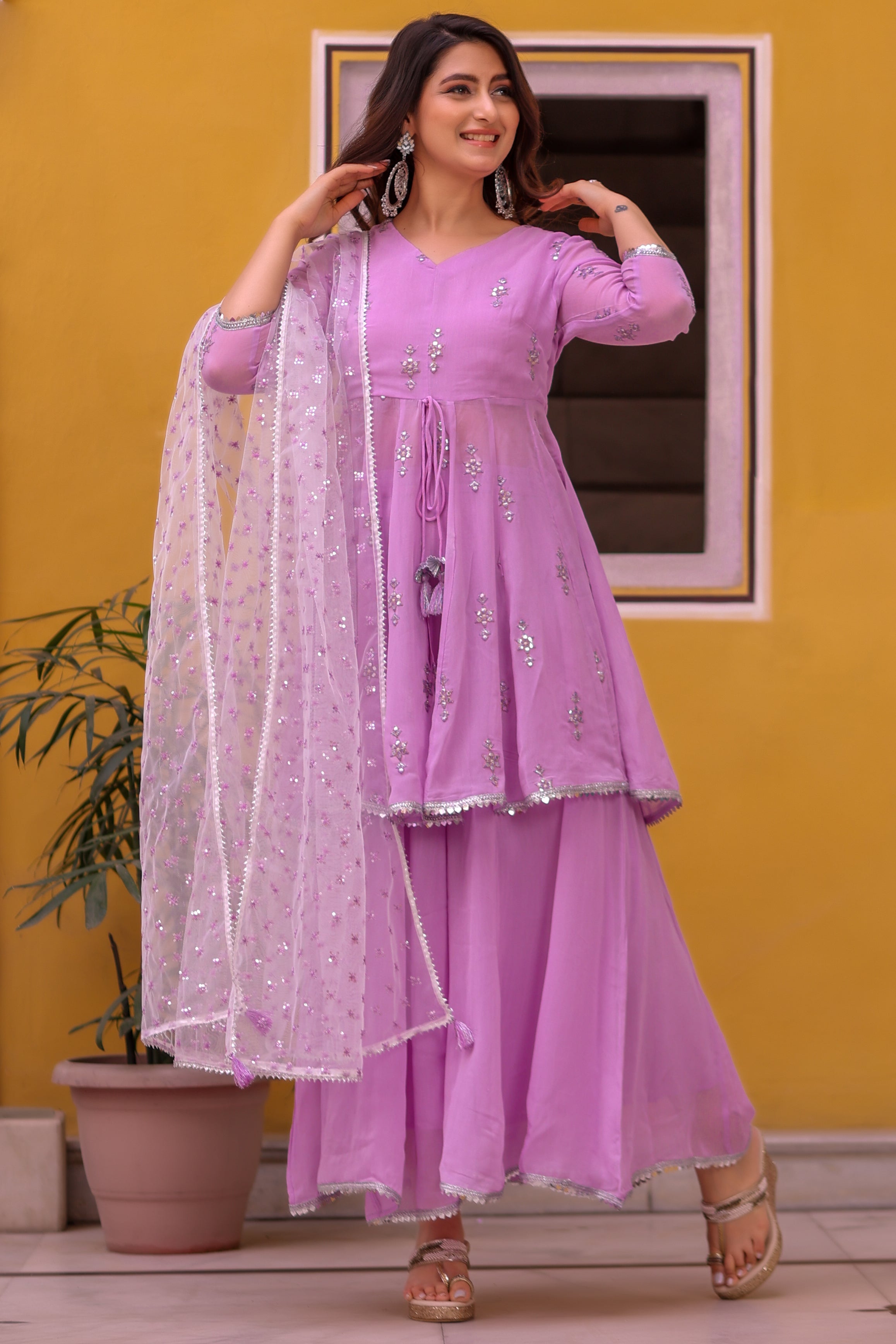Lavender Embroidered Flared Kurti with Mid-Cut and Flared Palazo Paired with Dupatta.