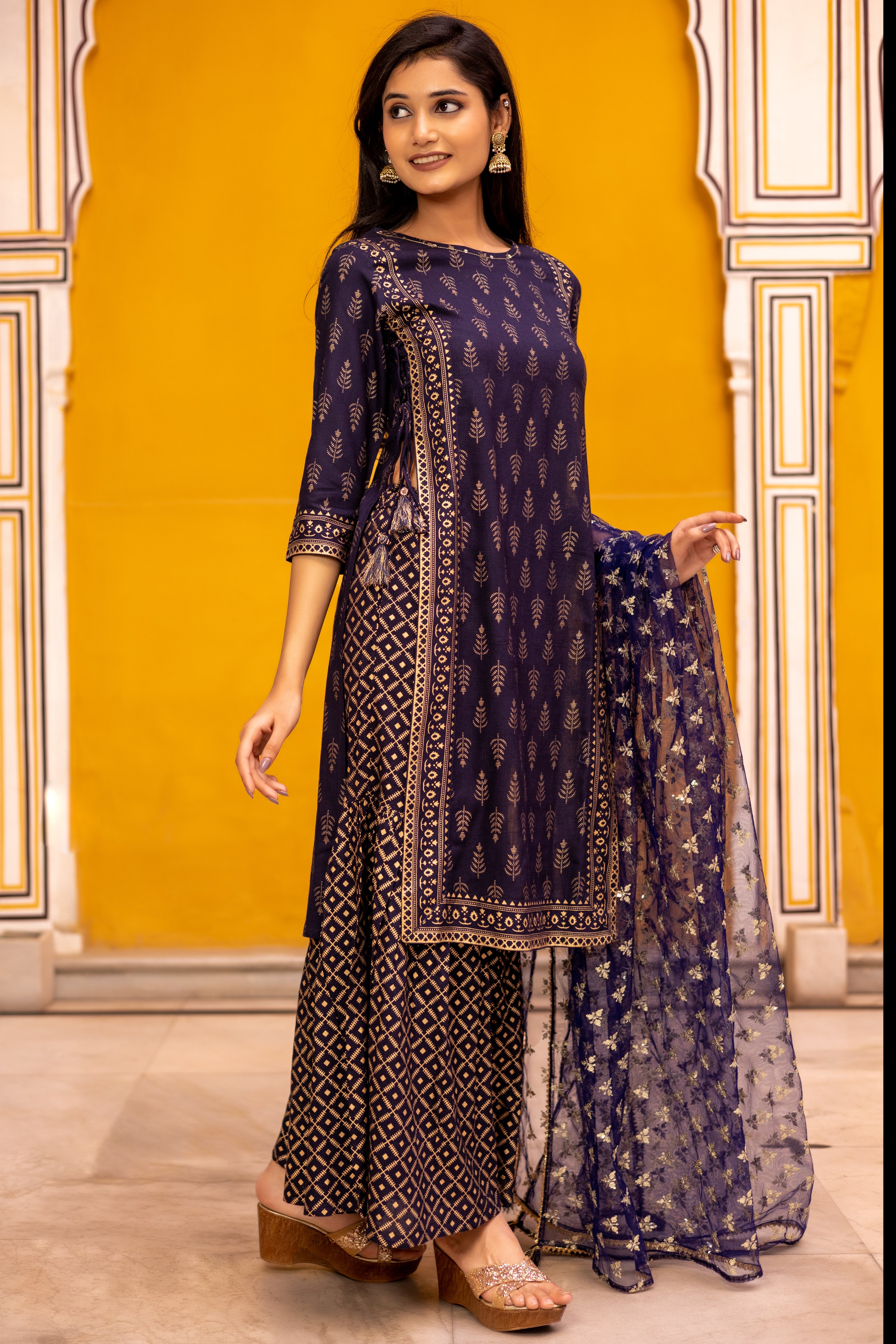 Blue Gold Printed Straight Kurti with Side Tie-ups Paired with Sharara and Dupatta