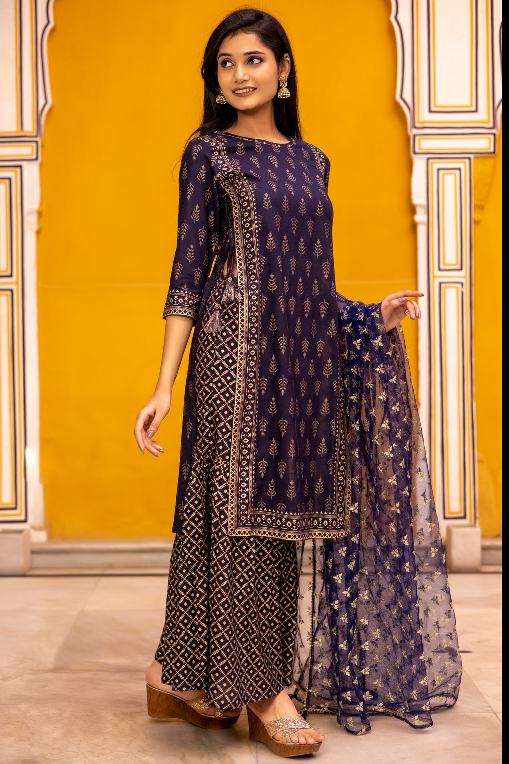 Blue Gold Printed Straight Kurti with Side Tie-ups Paired with Sharara and Dupatta