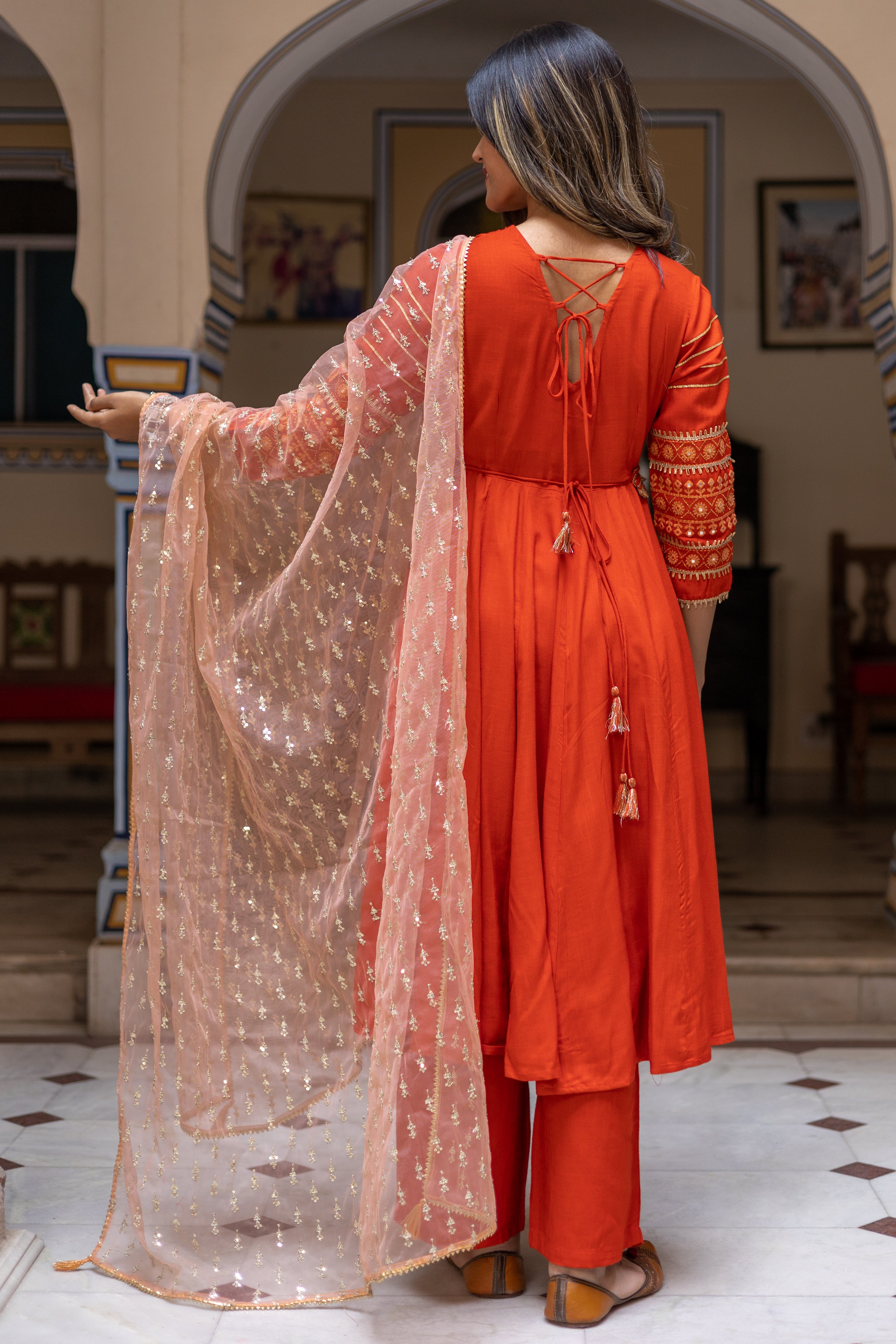 Rust Embroidered Anarkali with Straight  Palazo Paired with Dupatta