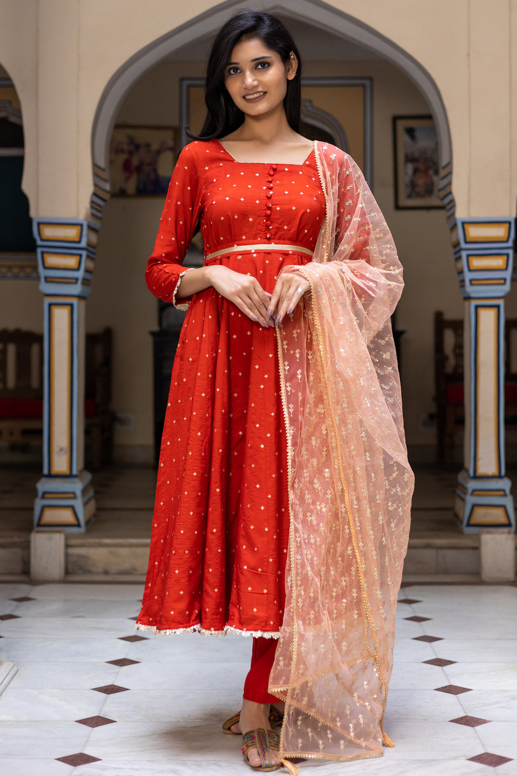 Rust Chanderi Square Neck Anarkali With Narrow Pant Paired with Dupatta