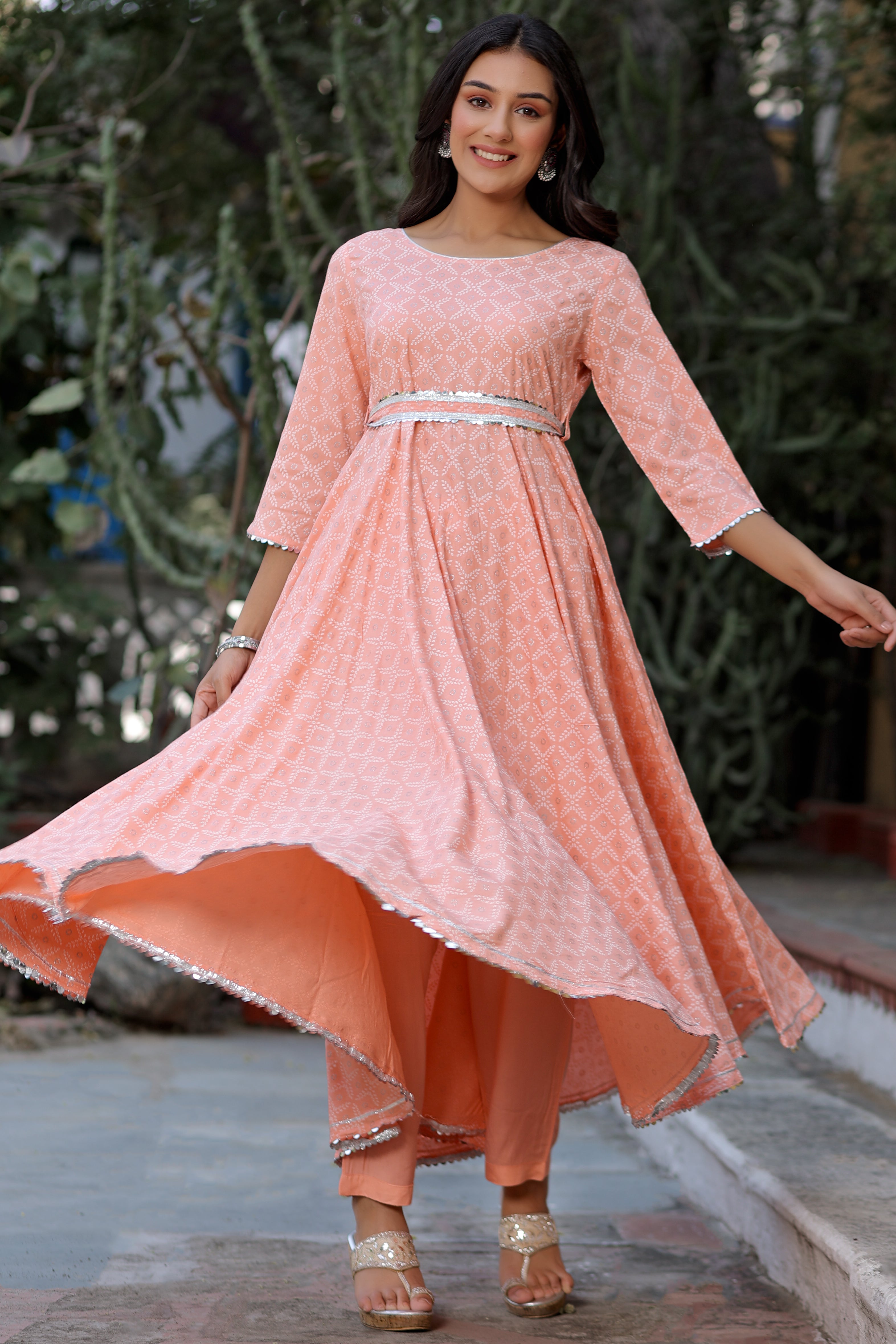 Peach Silver Printed Anarkali with Belt and Narrow Pant