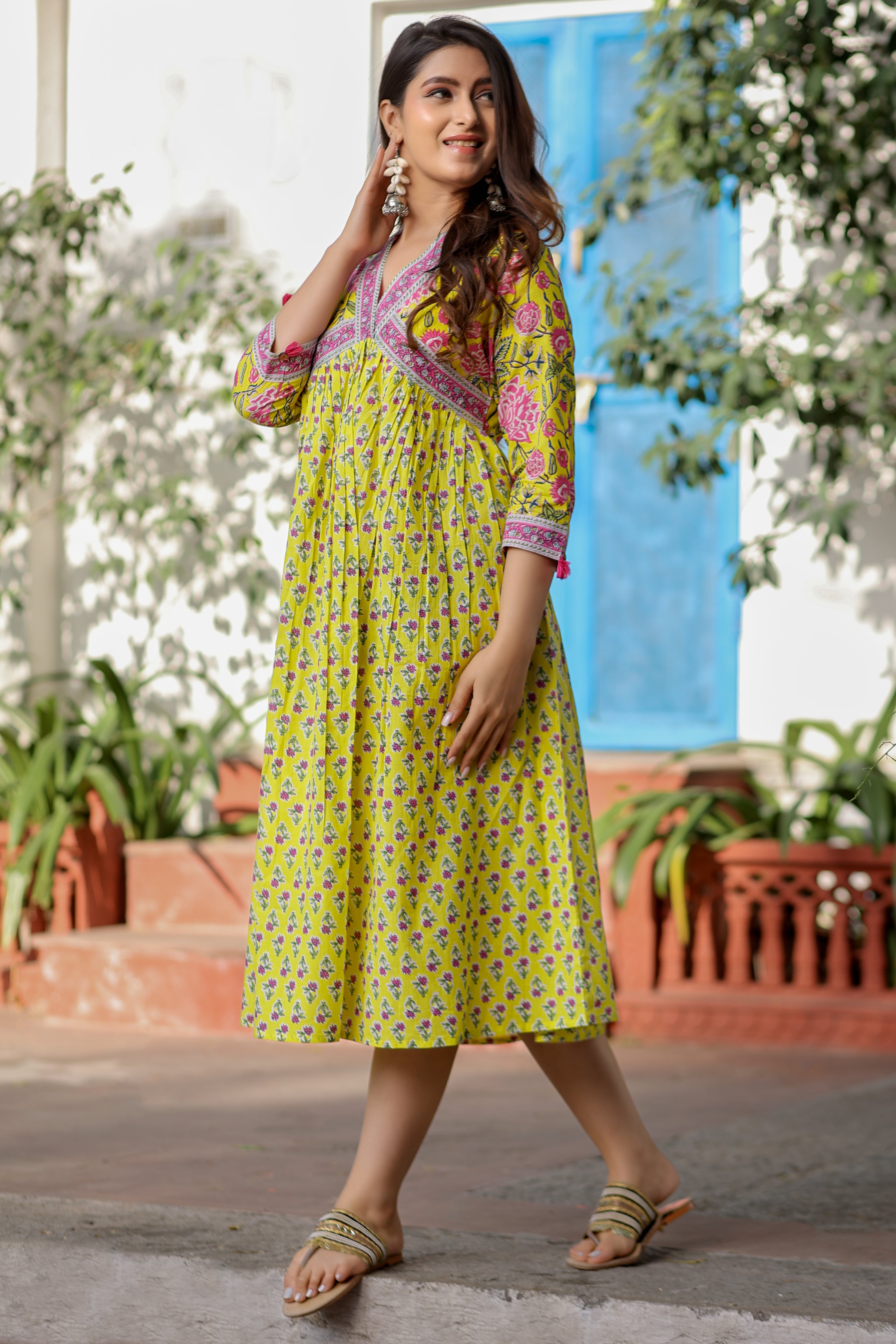 Lime Cotton Floral Printed Flared Dress