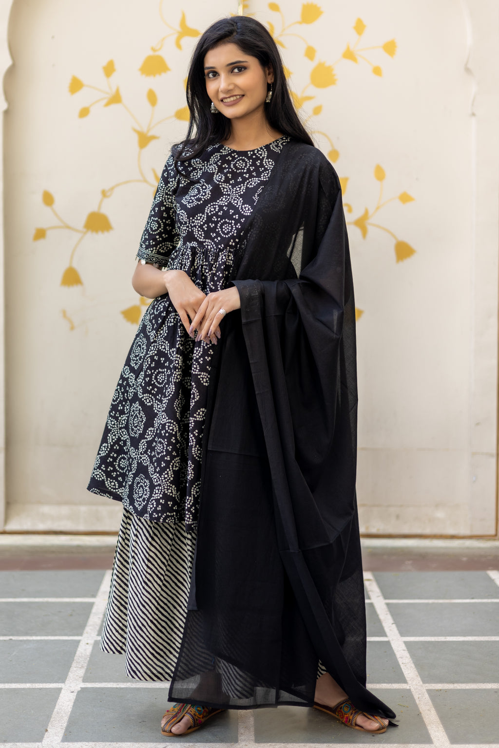 Black Cotton Printed Anarkali Kurta With Sharara and Dupatta